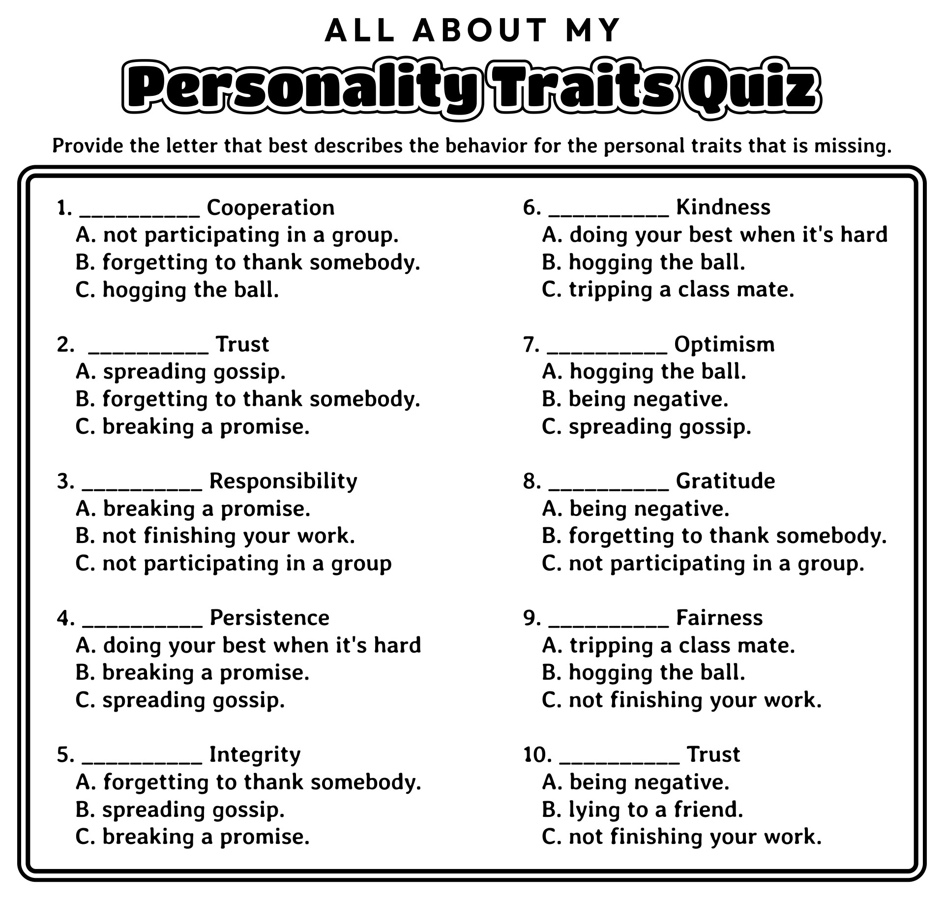 All About My Personality Traits Printable Quiz