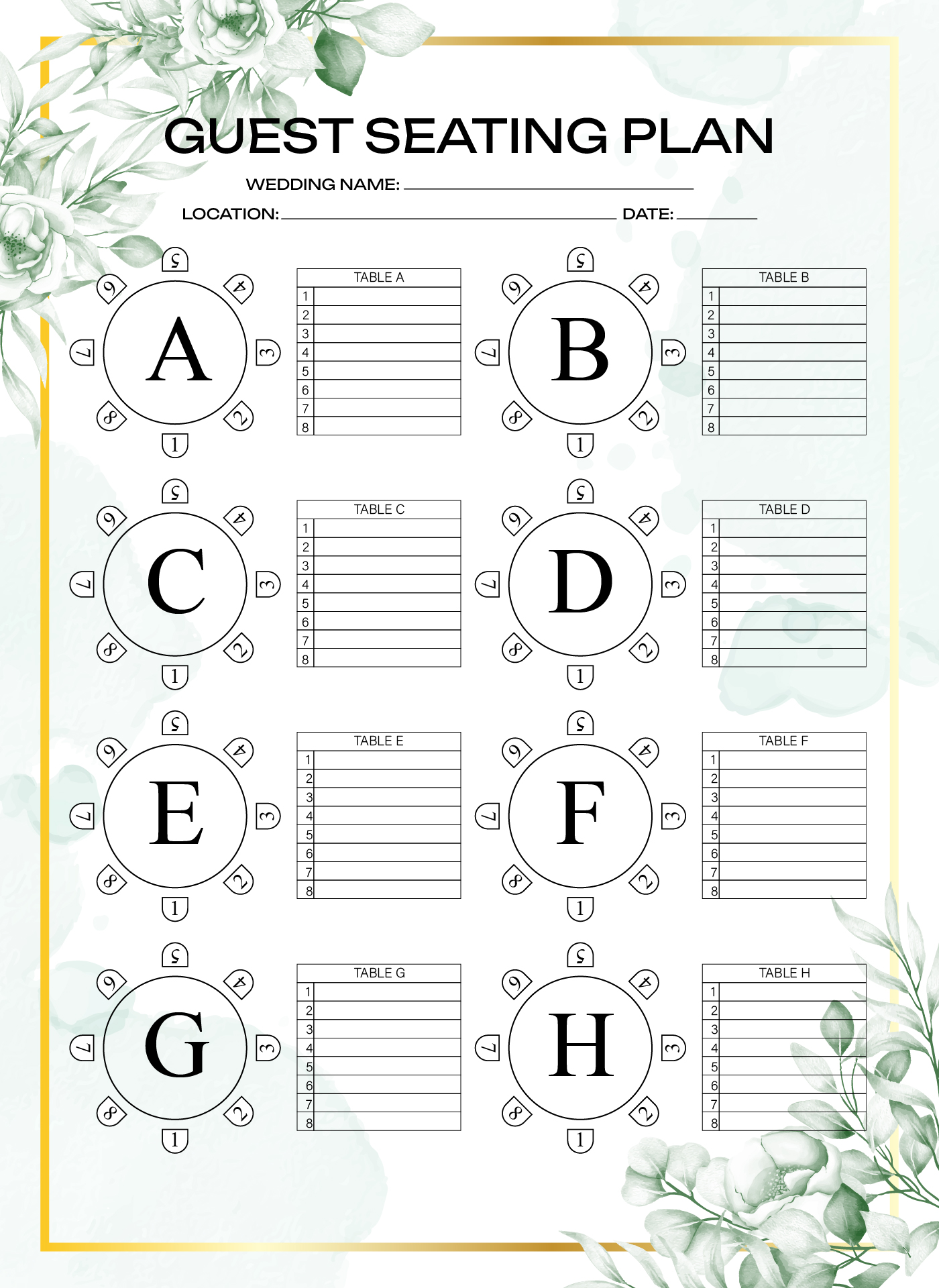 Blank Seating Chart For Wedding Reception