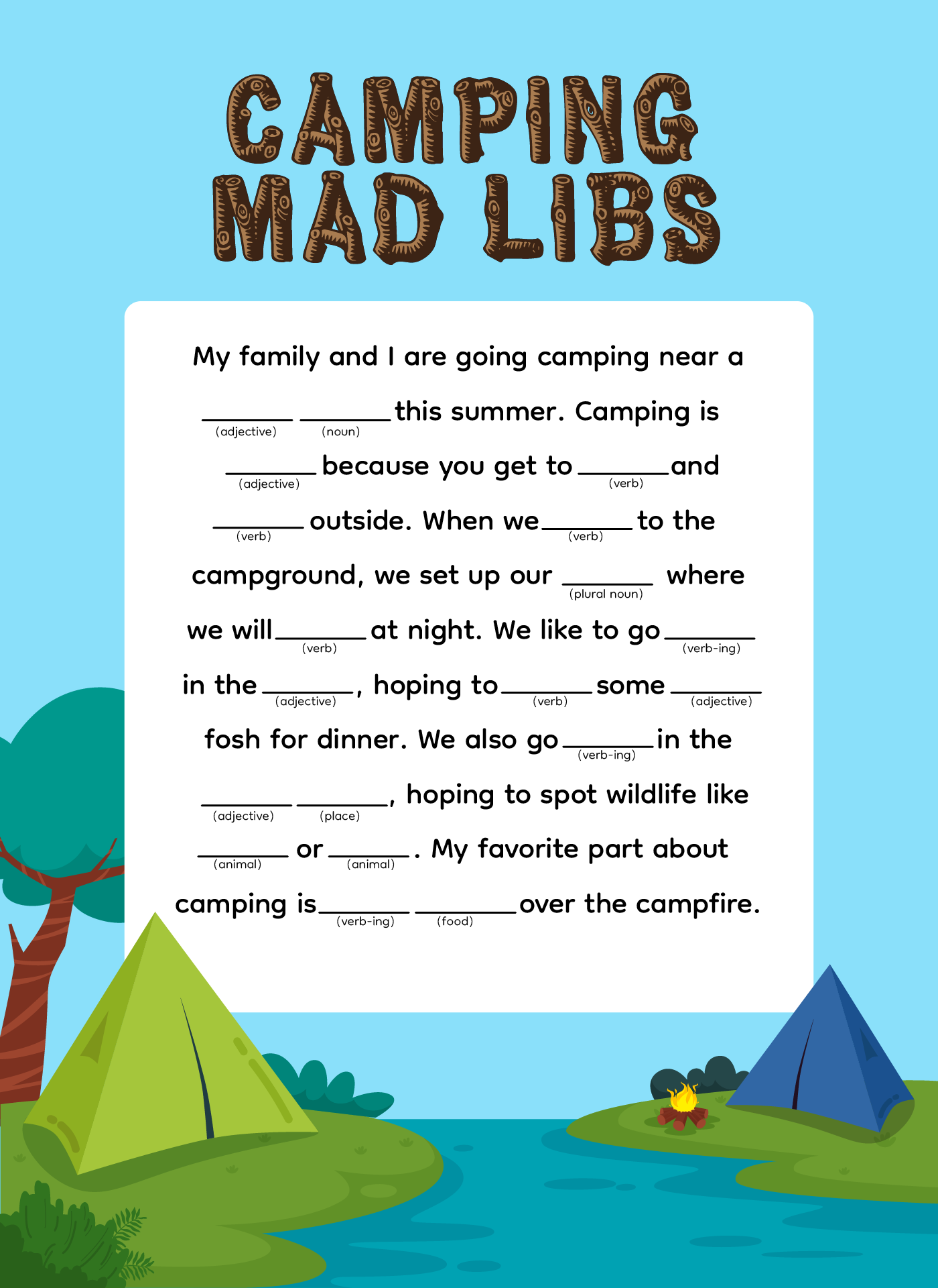 Camping Mad Libs Printable Fill In The Blank Party Game