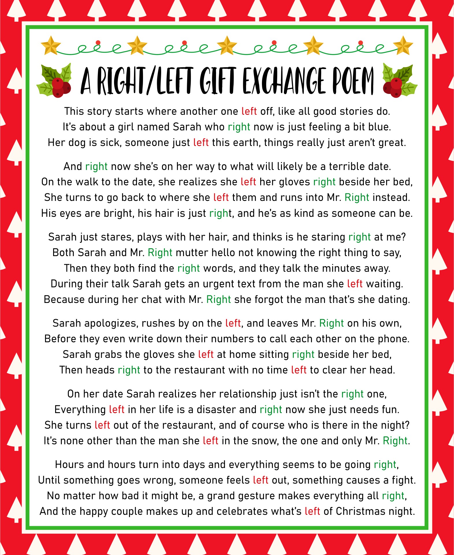 Christmas Left Right Gift Exchange Poems