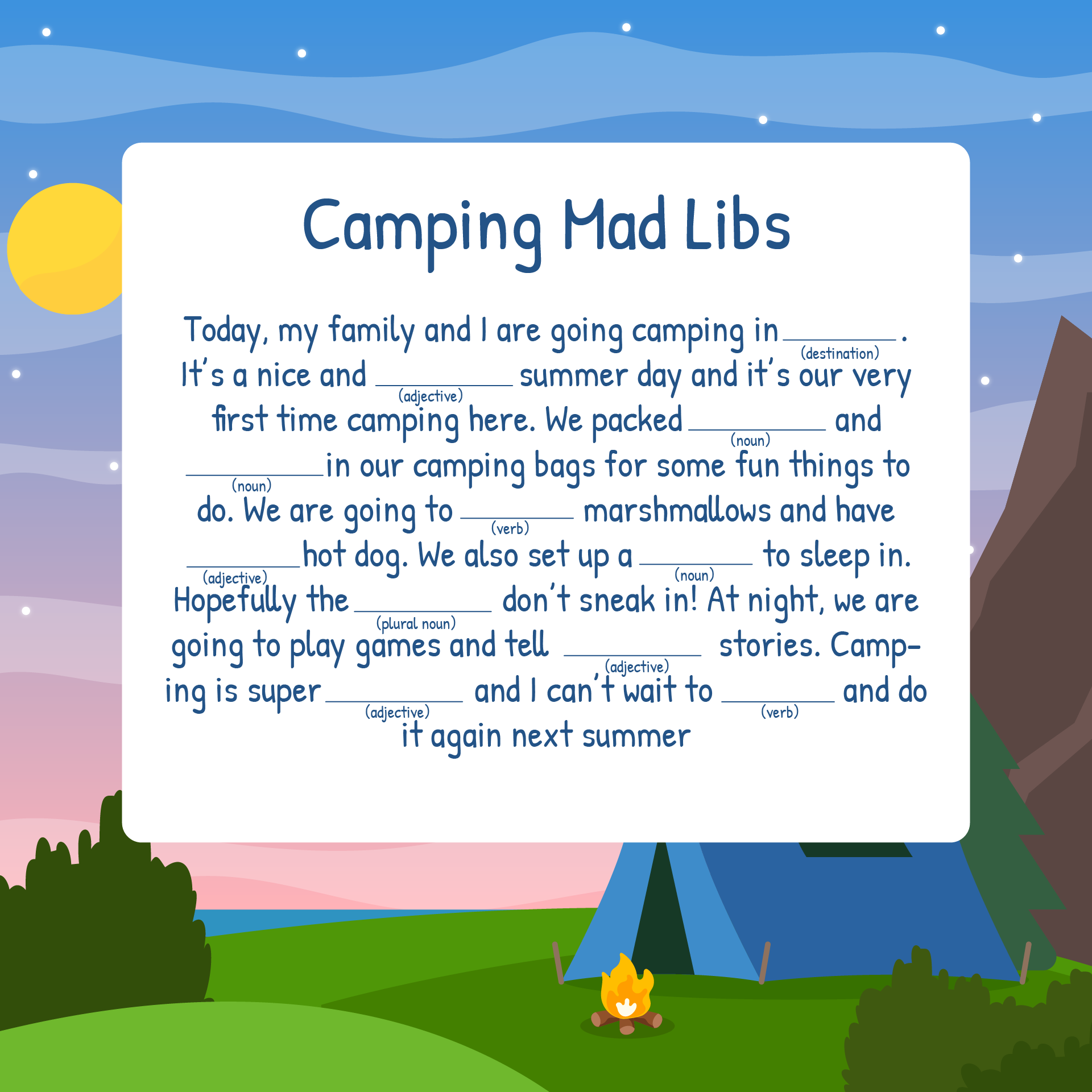 Cookie And Camping Mad Libs Printable