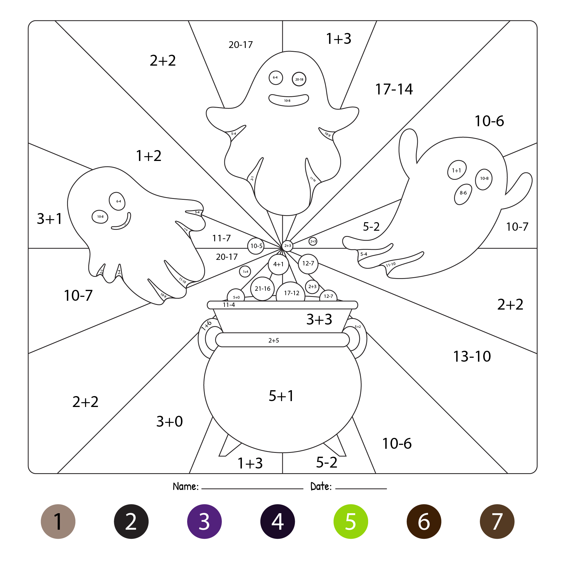 Ghostly Halloween Math Coloring Worksheets