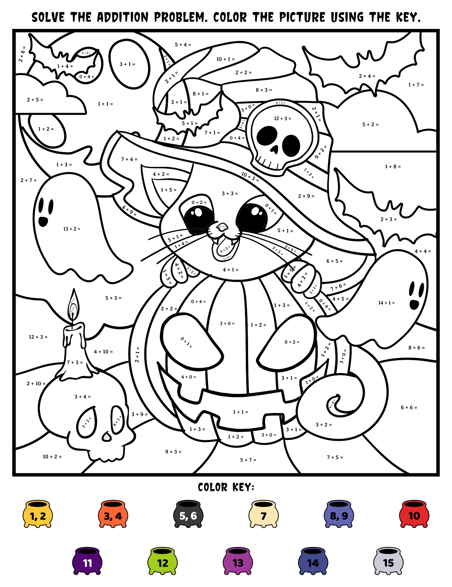 Halloween Math 2nd And 3rd Grade Color By Code Addition Worksheets