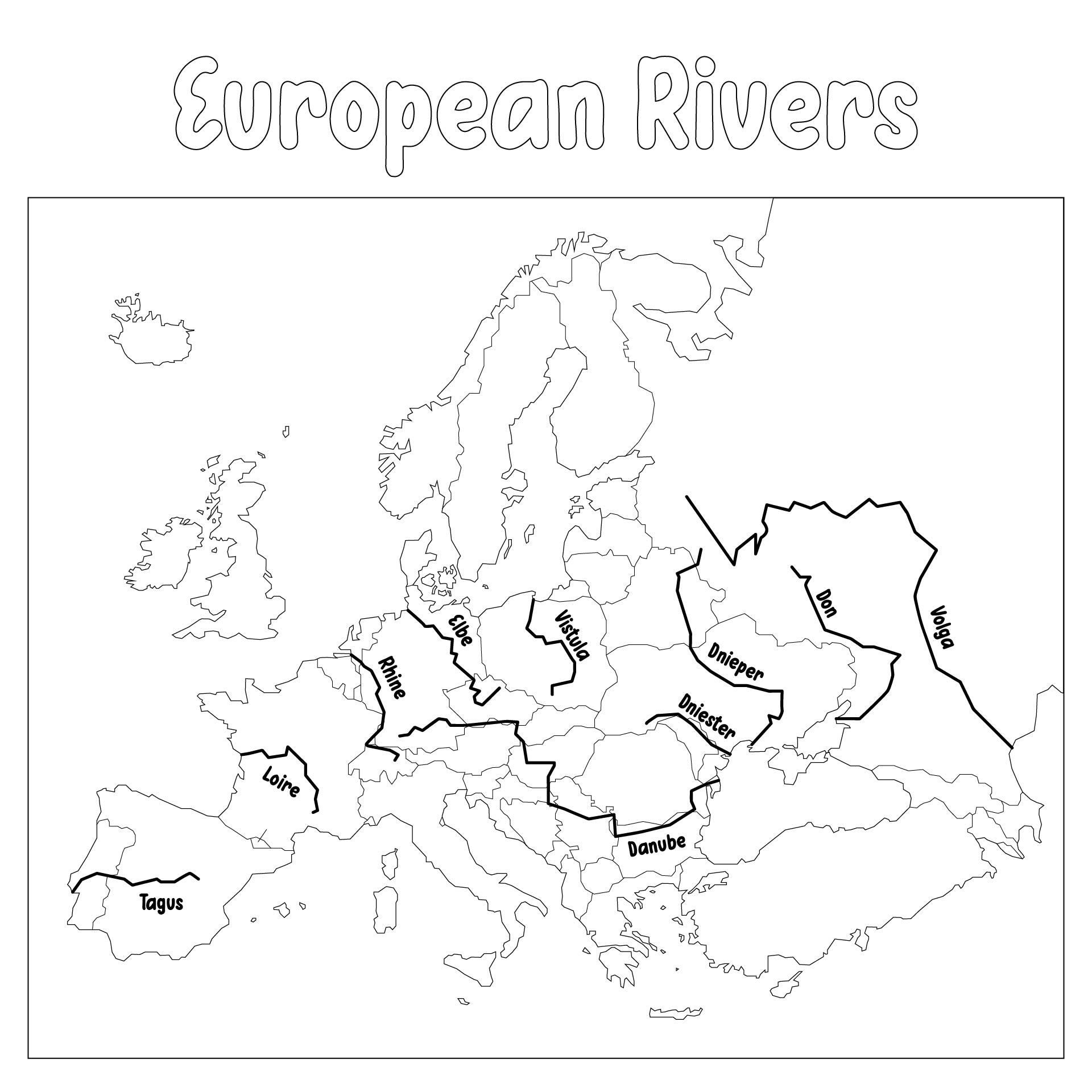 Outline Map: European Rivers Printable