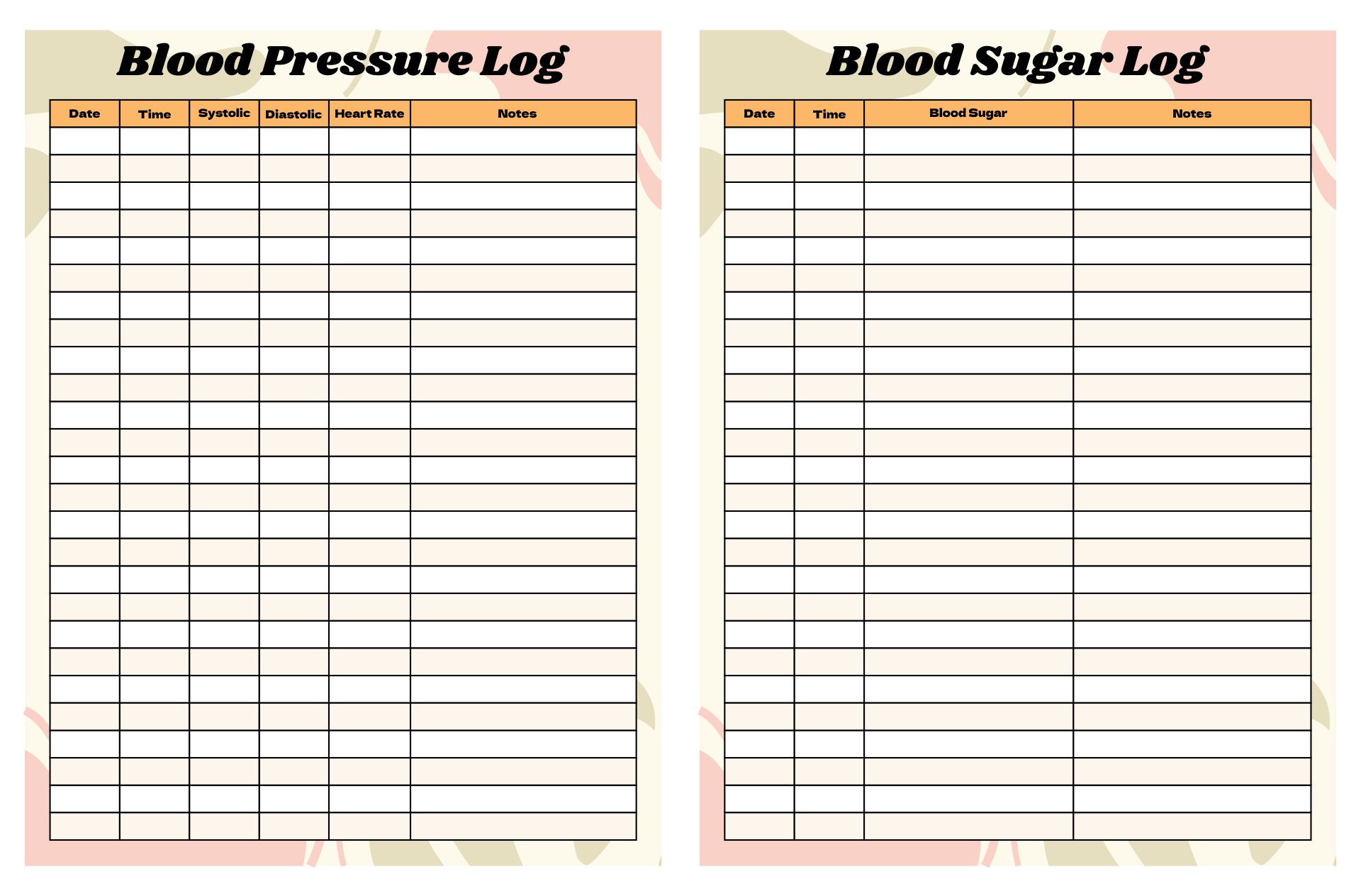 Printable Blood Pressure And Blood Sugar Log Sheet
