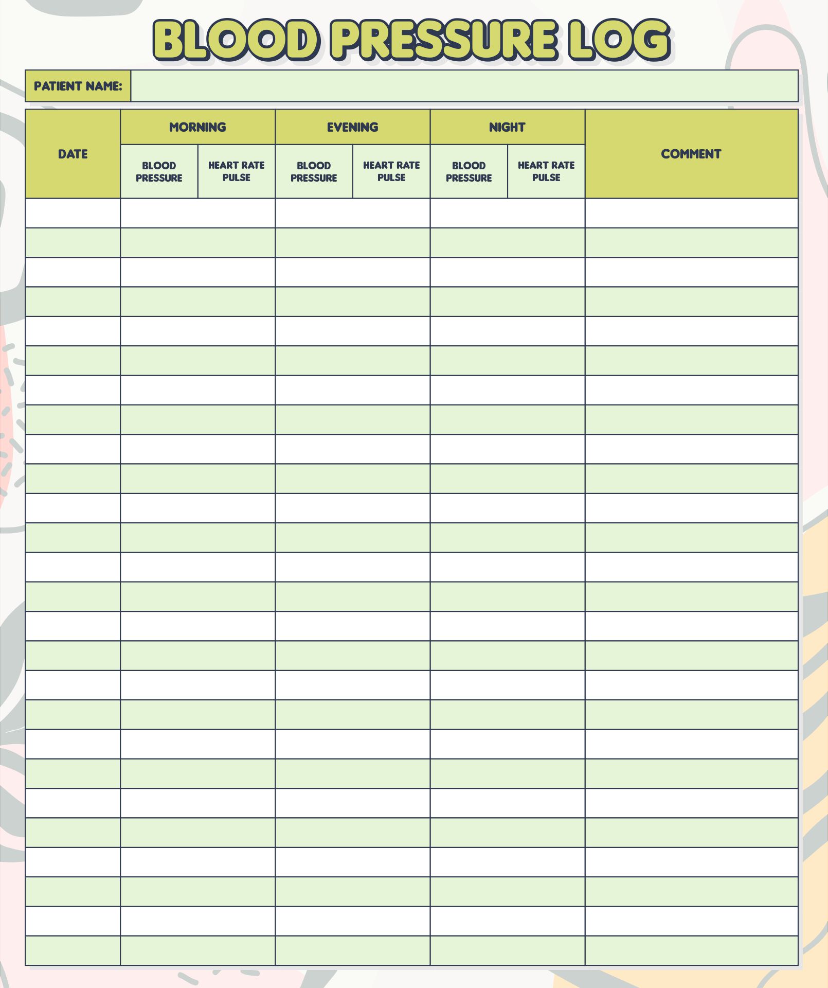 Printable Blood Pressure Tracking Chart And Pulse Log