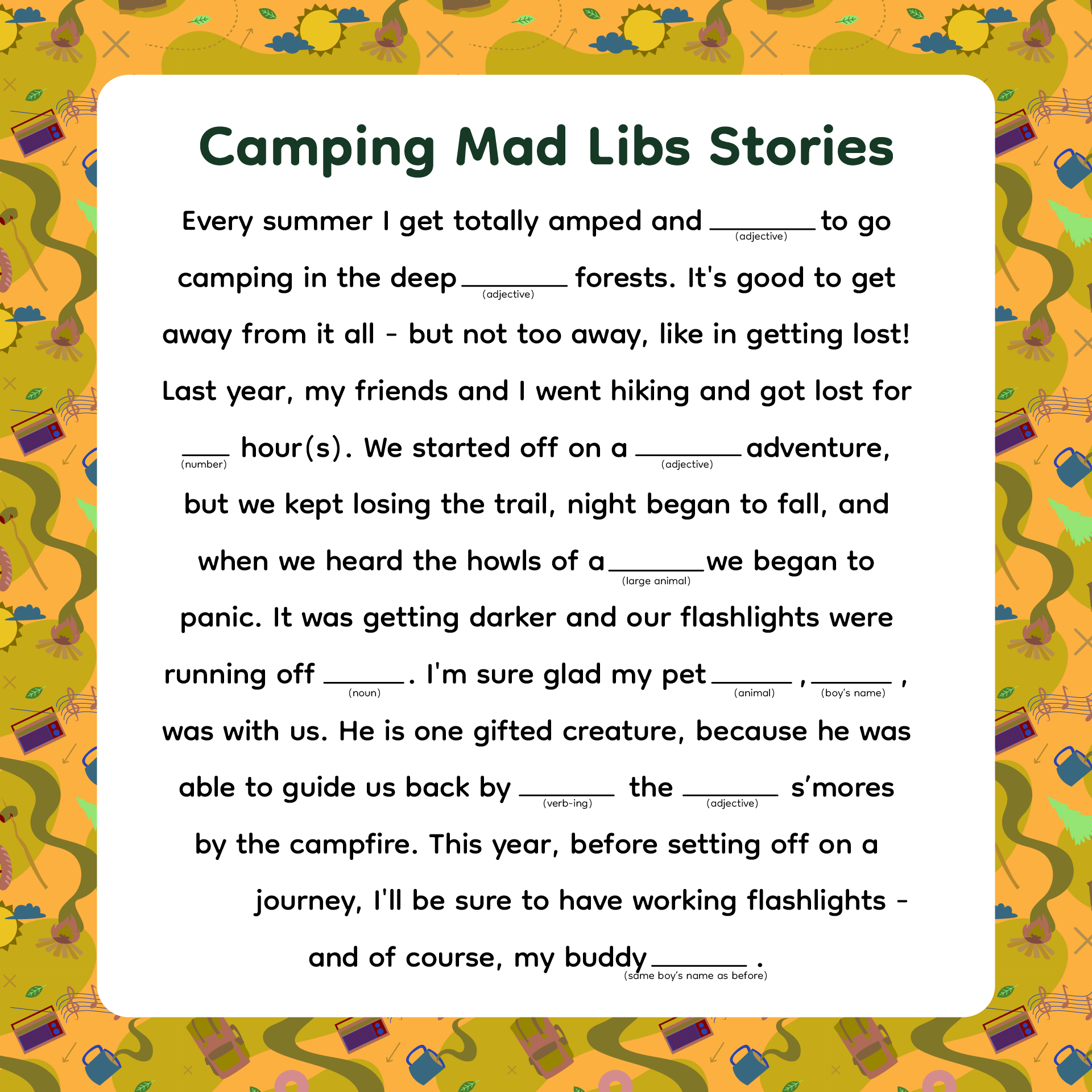 Printable Camping Mad Libs Stories For Kids