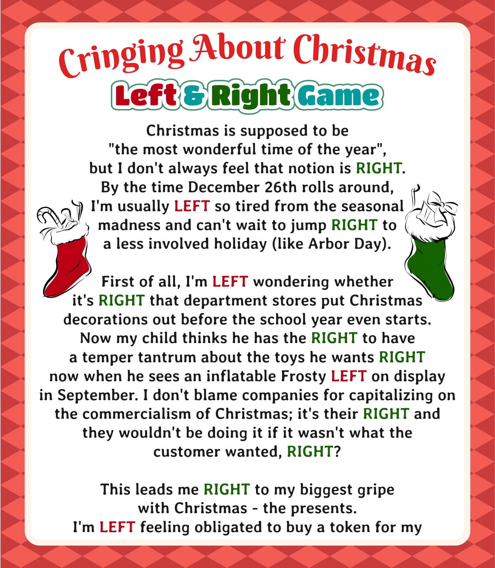 Printable Christmas Cringing About Christmas Left-Right Party Game