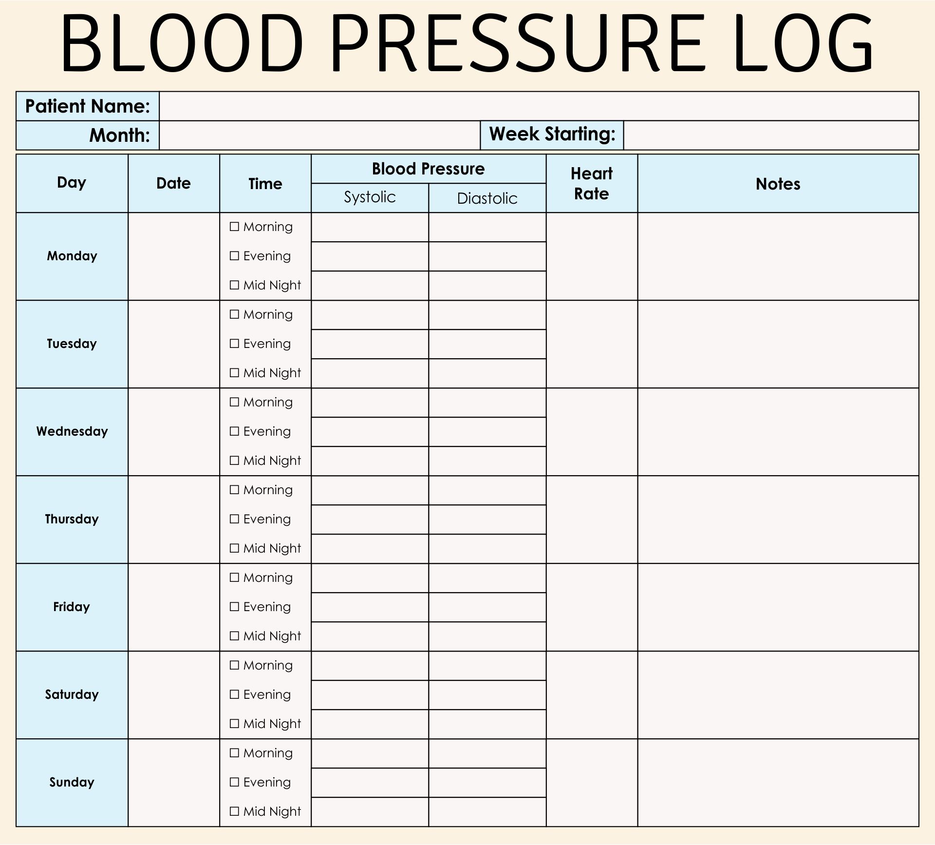 Printable Daily Blood Pressure Log