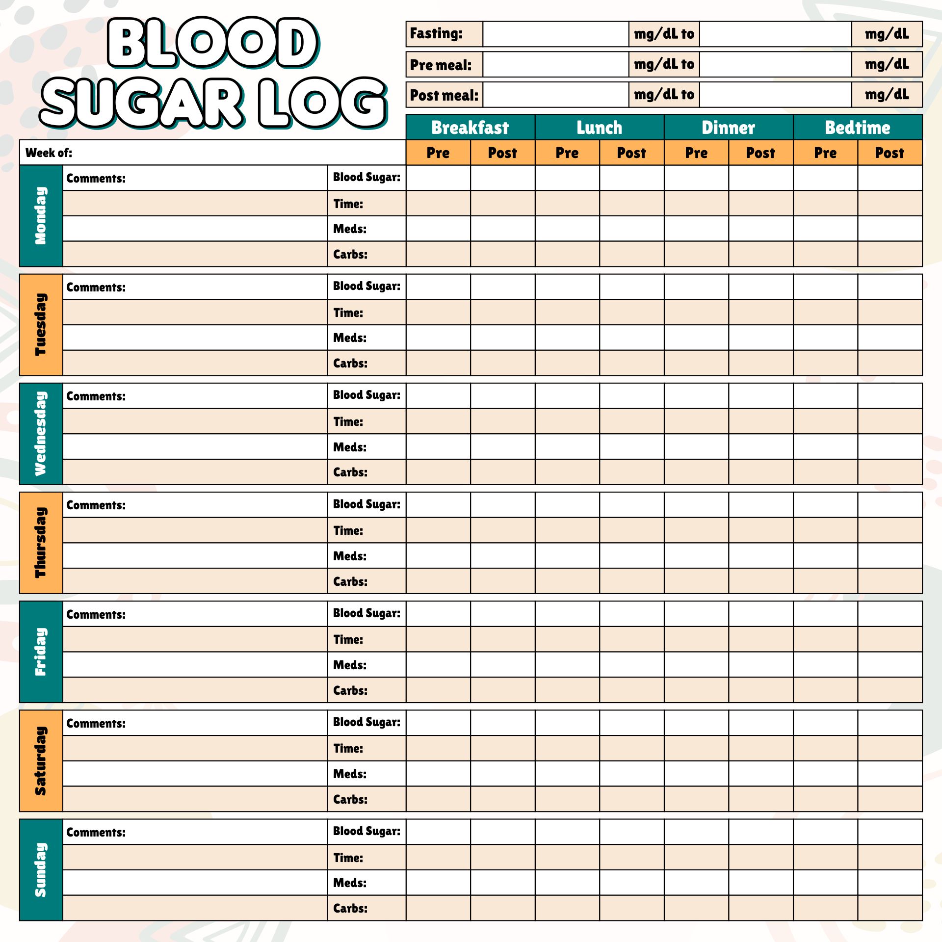 Printable Easy-to-Use Blood Sugar Log Sheets