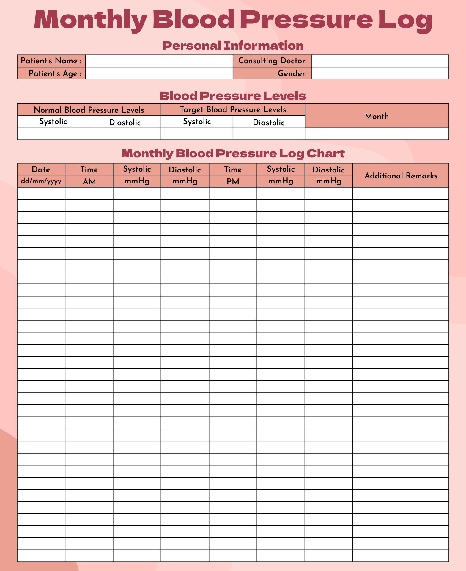 Printable Monthly Blood Pressure Log With Charts Template