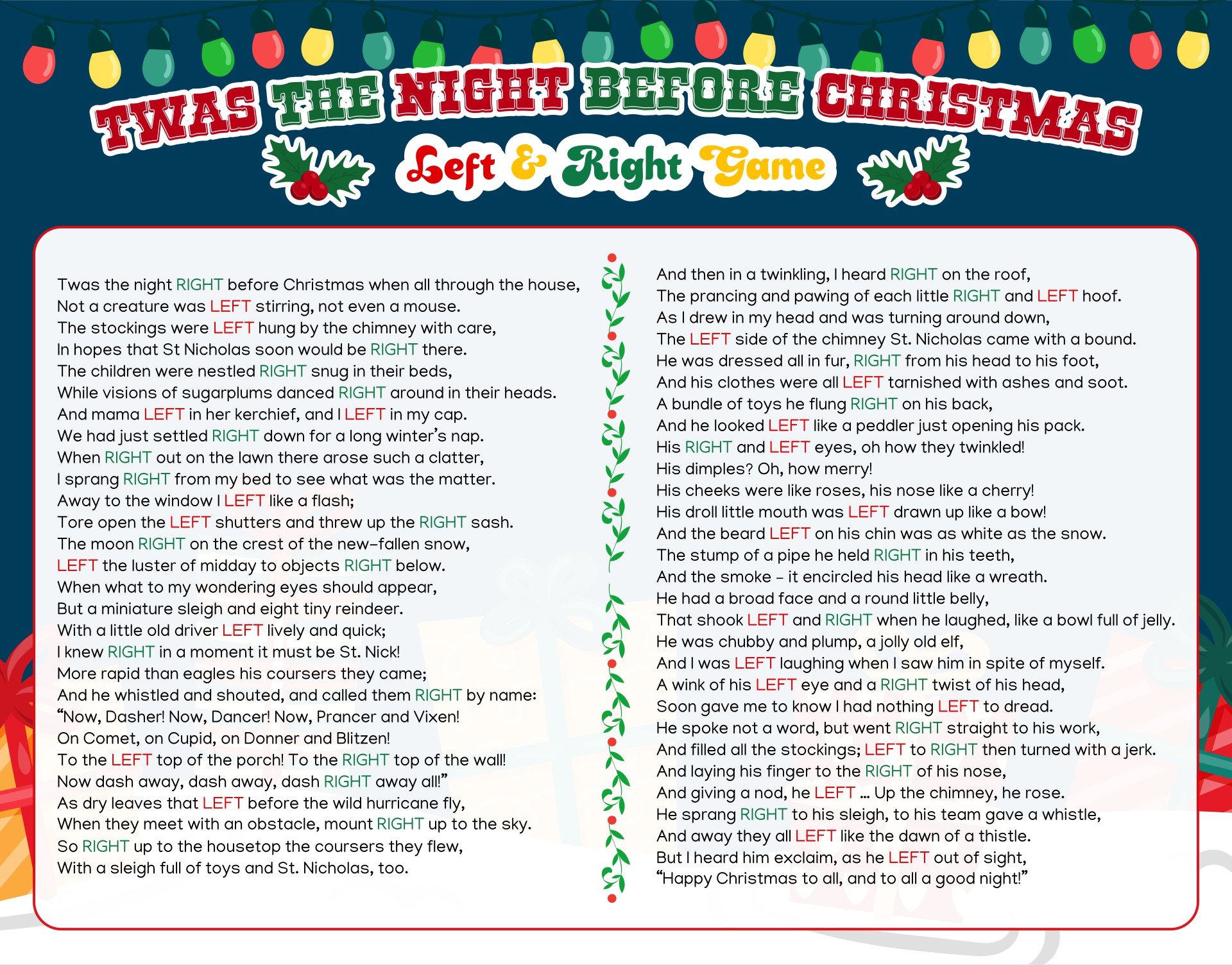Printable Twas The Night Before Christmas Left Right Game
