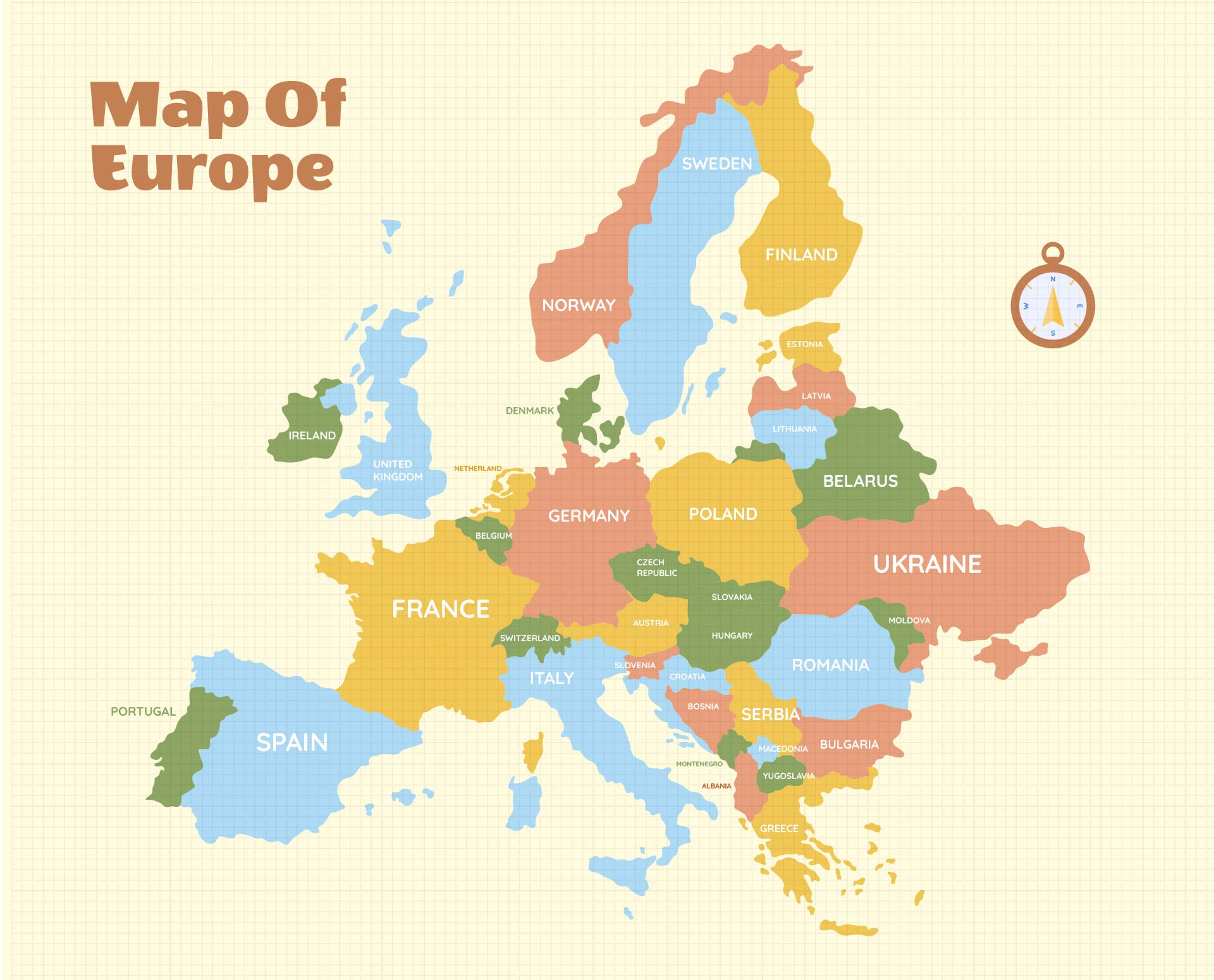 Digital Colorful Map Of Europe Printable