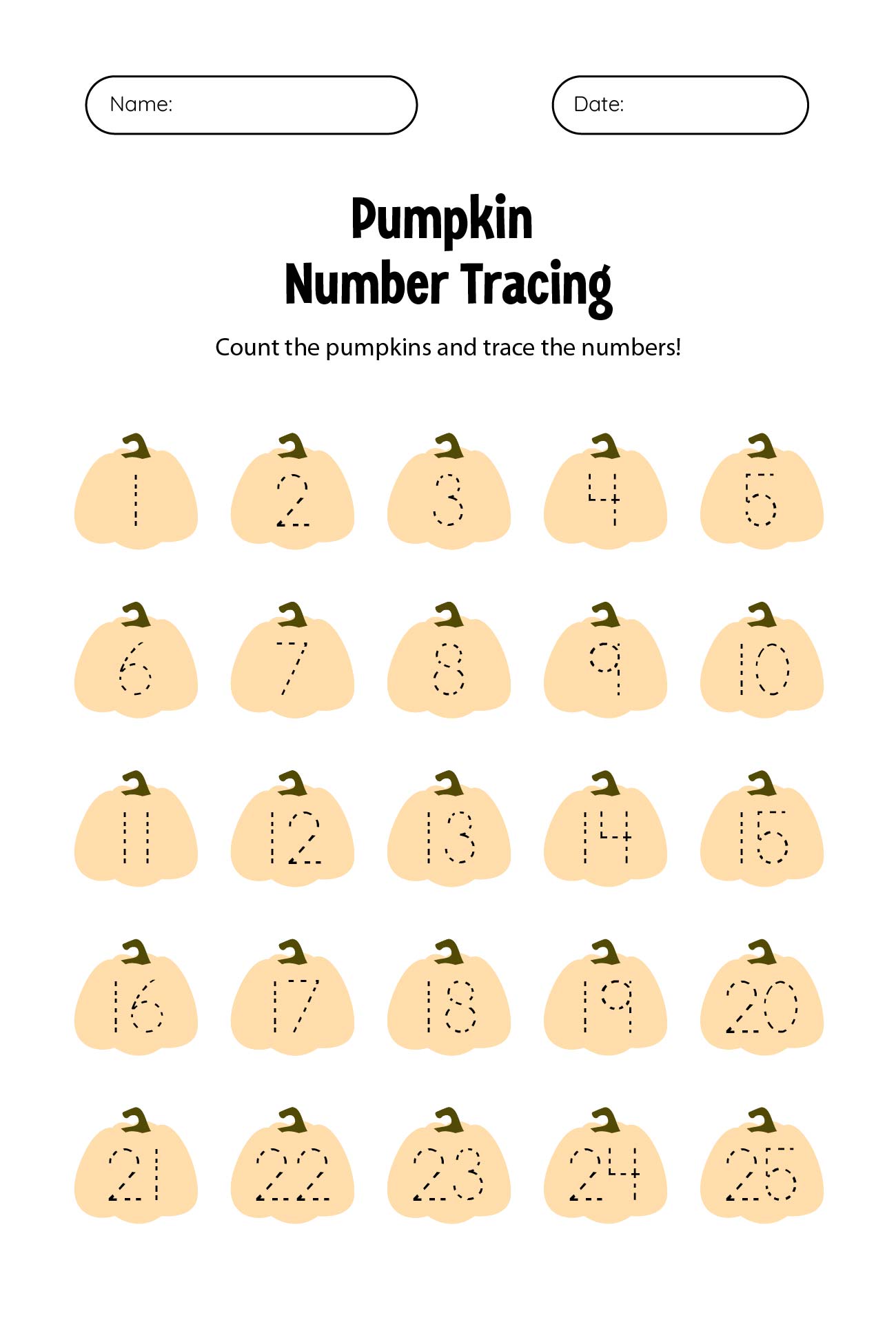 Pumpkin Number Tracing 1-25 Printable
