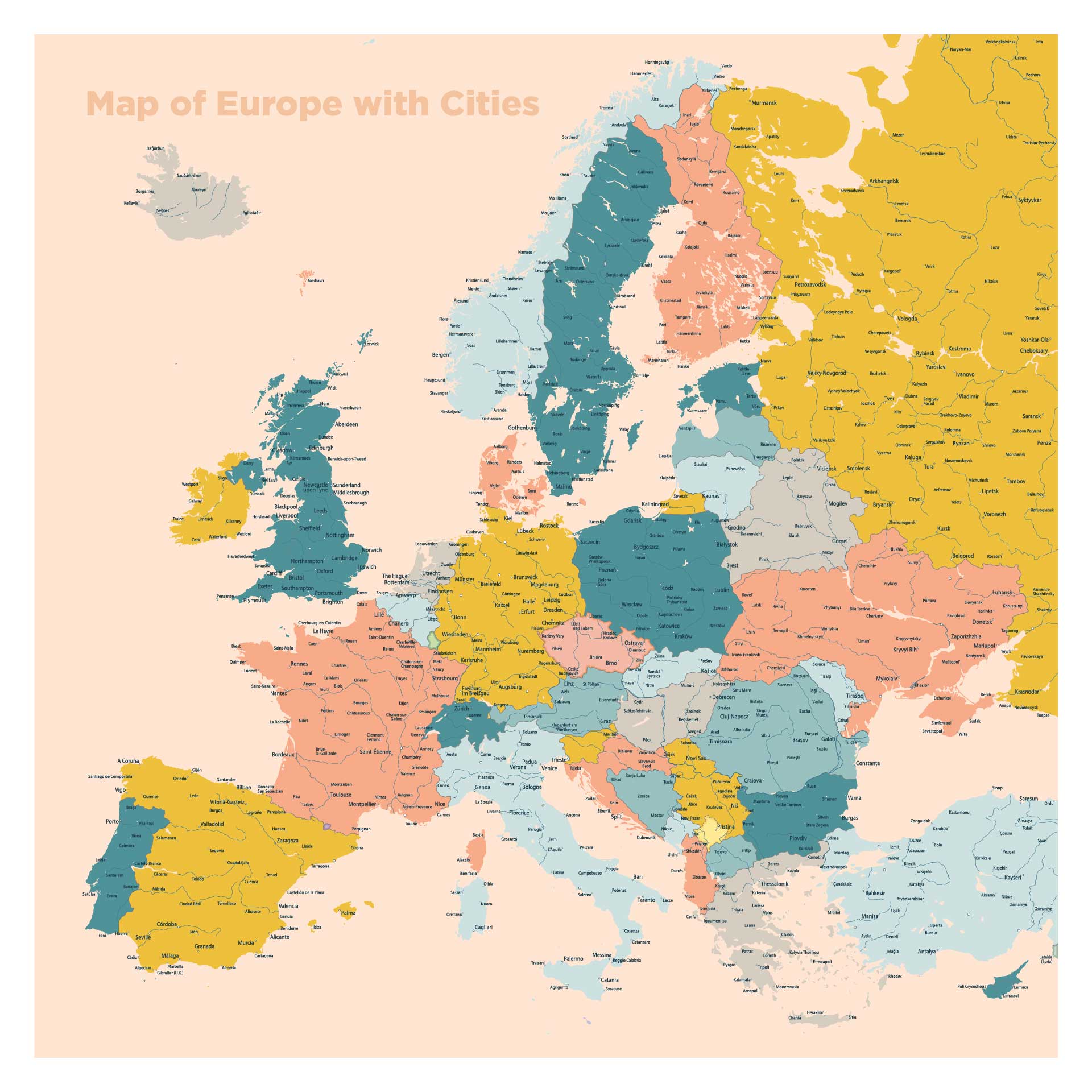 Western Europe Printable Map With Countries, Cities, And Roads