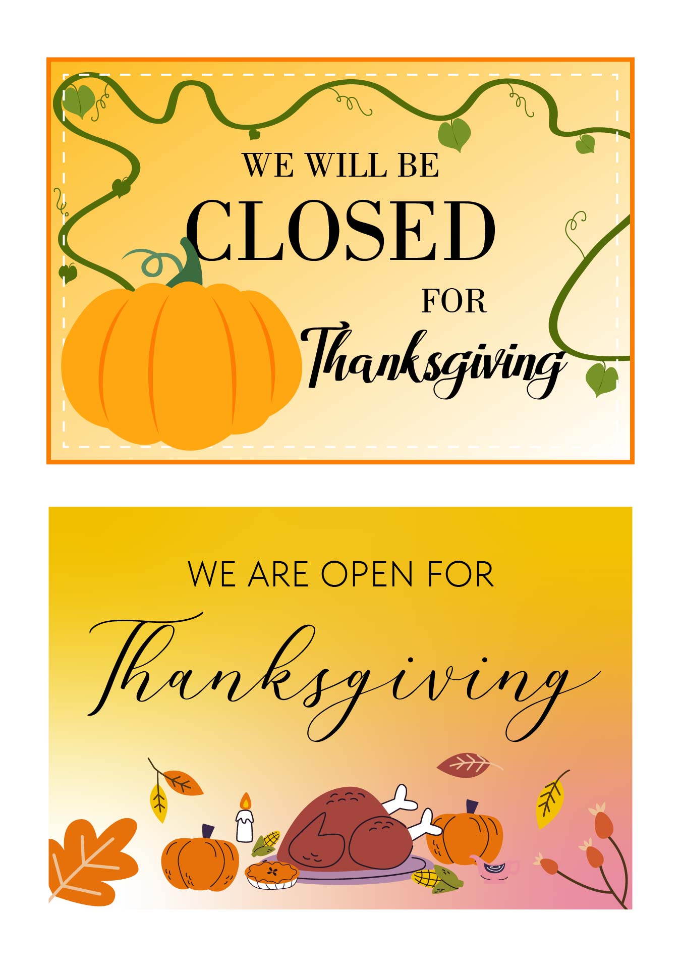 Printable Closed & Open For Thanksgiving Signs