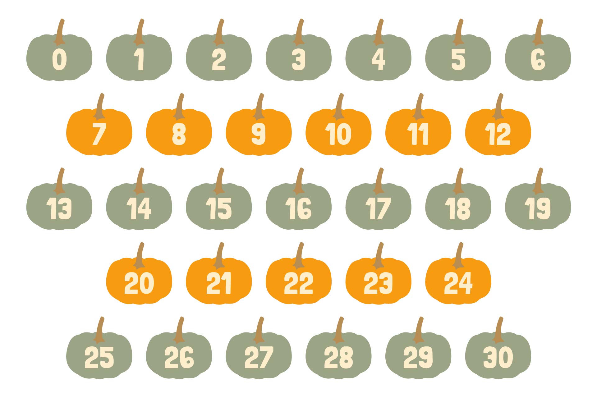 Numbers 0-30 On Pumpkins Printable