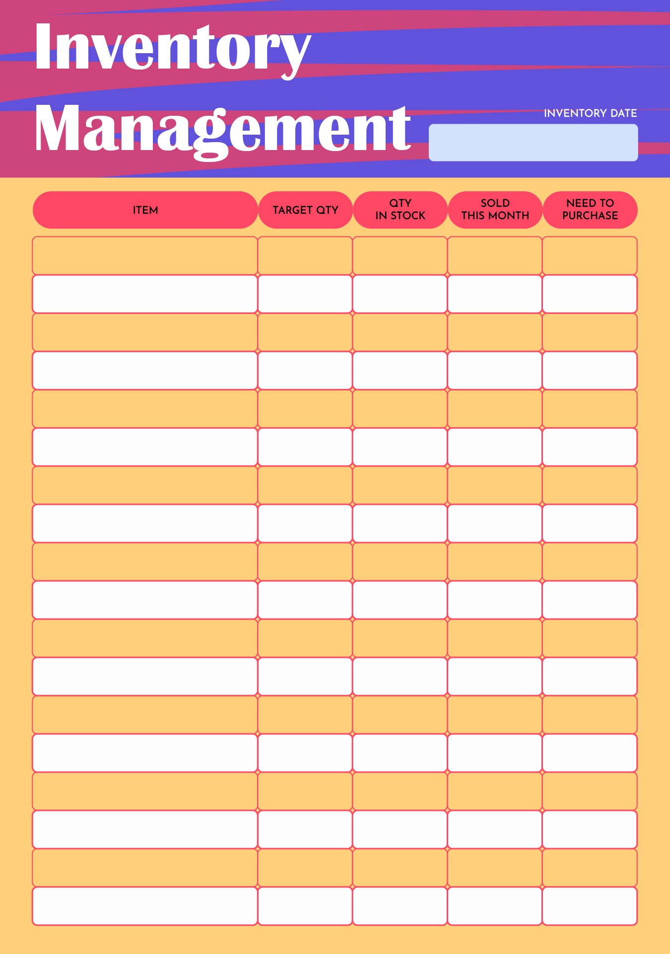 Printable Inventory Management Form Sheet