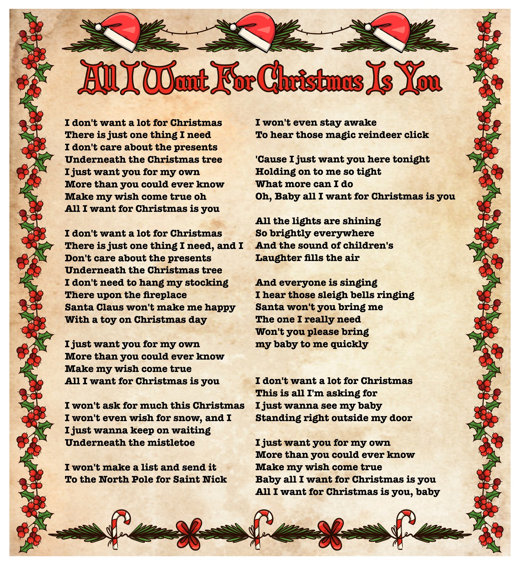 All I Want For Christmas Printable Christmas Carol Lyrics