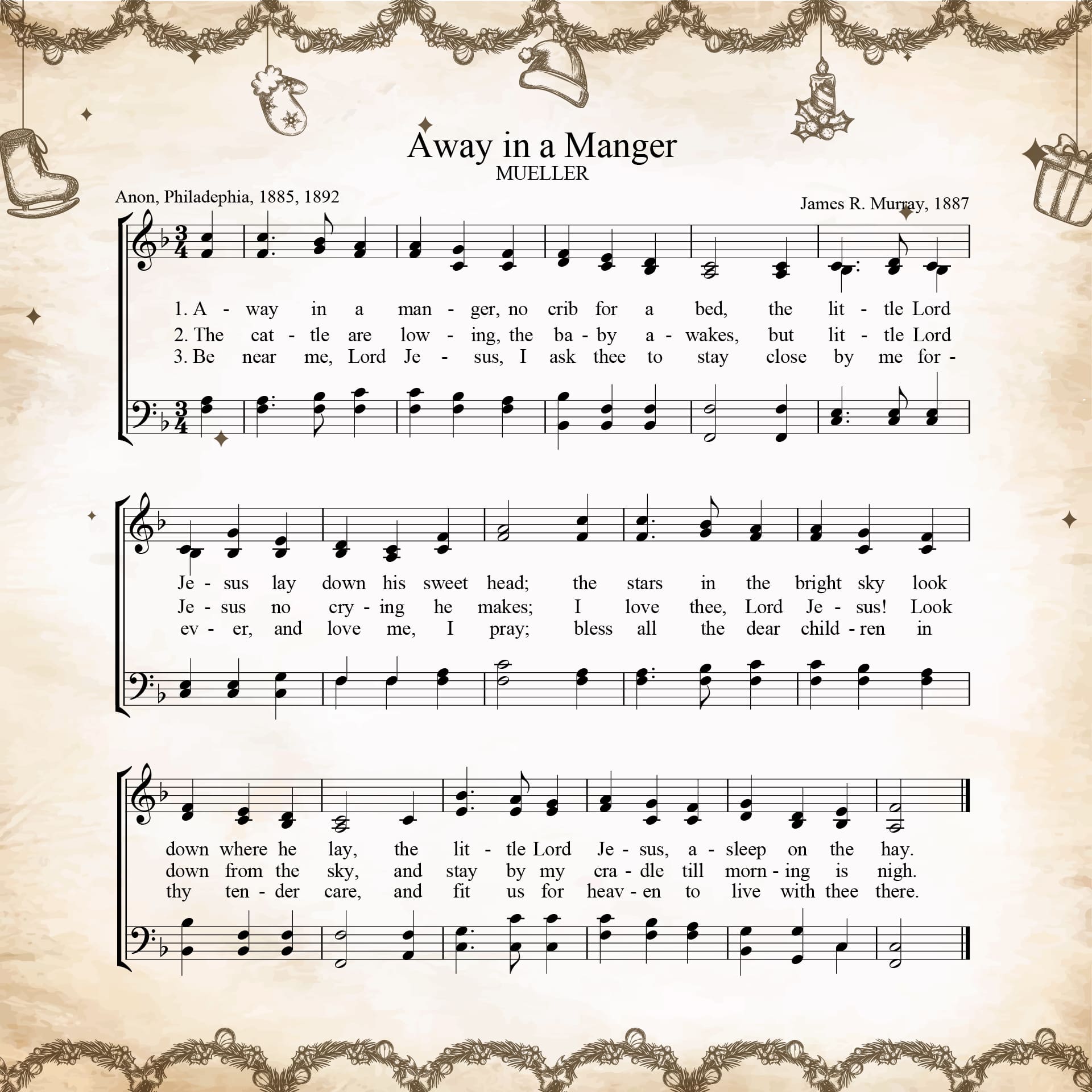 Away In A Manger Printable Vintage Christmas Hymn Carol Sheet