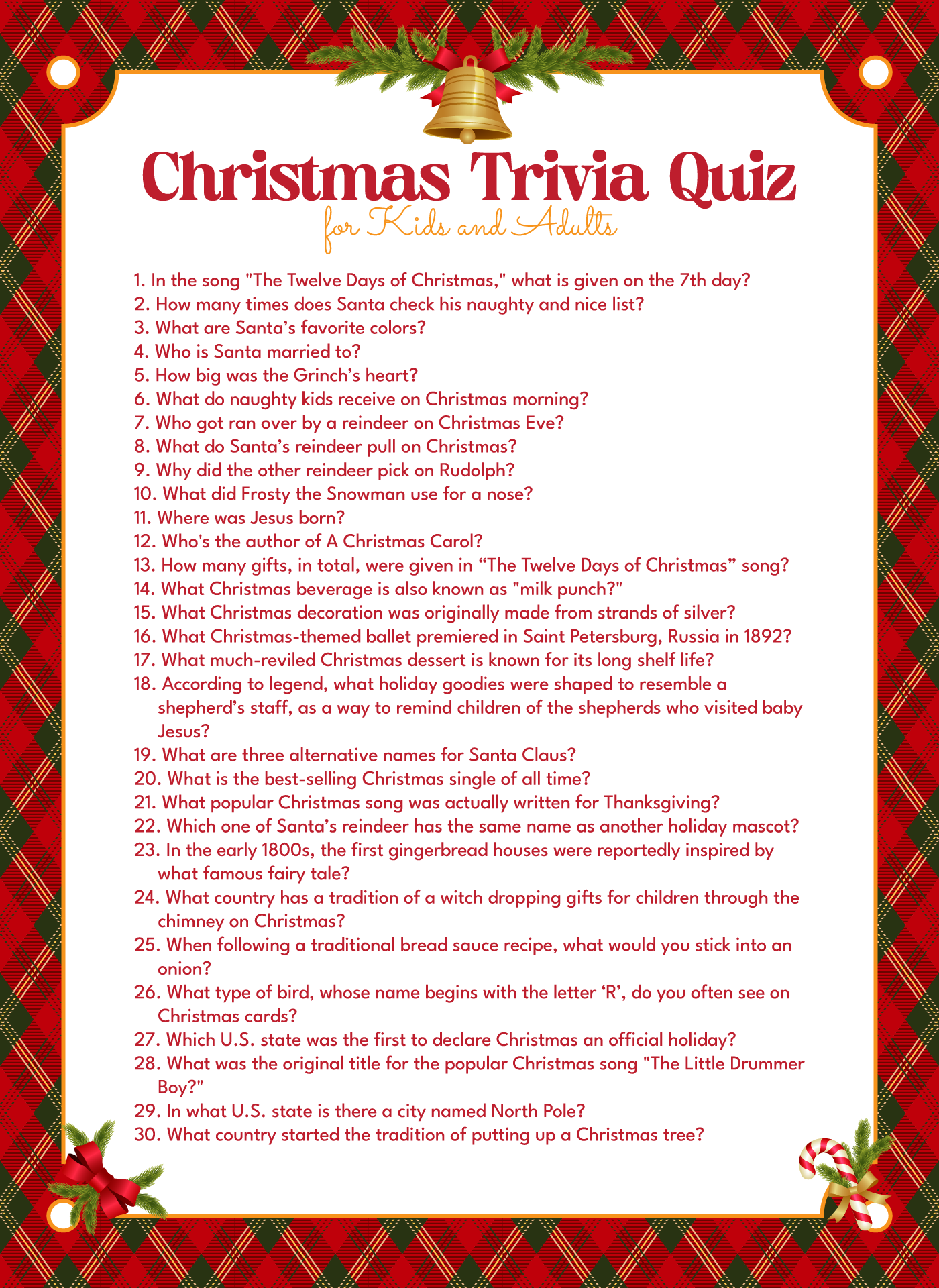 Christmas Trivia Quiz For Kids And Adults Printable