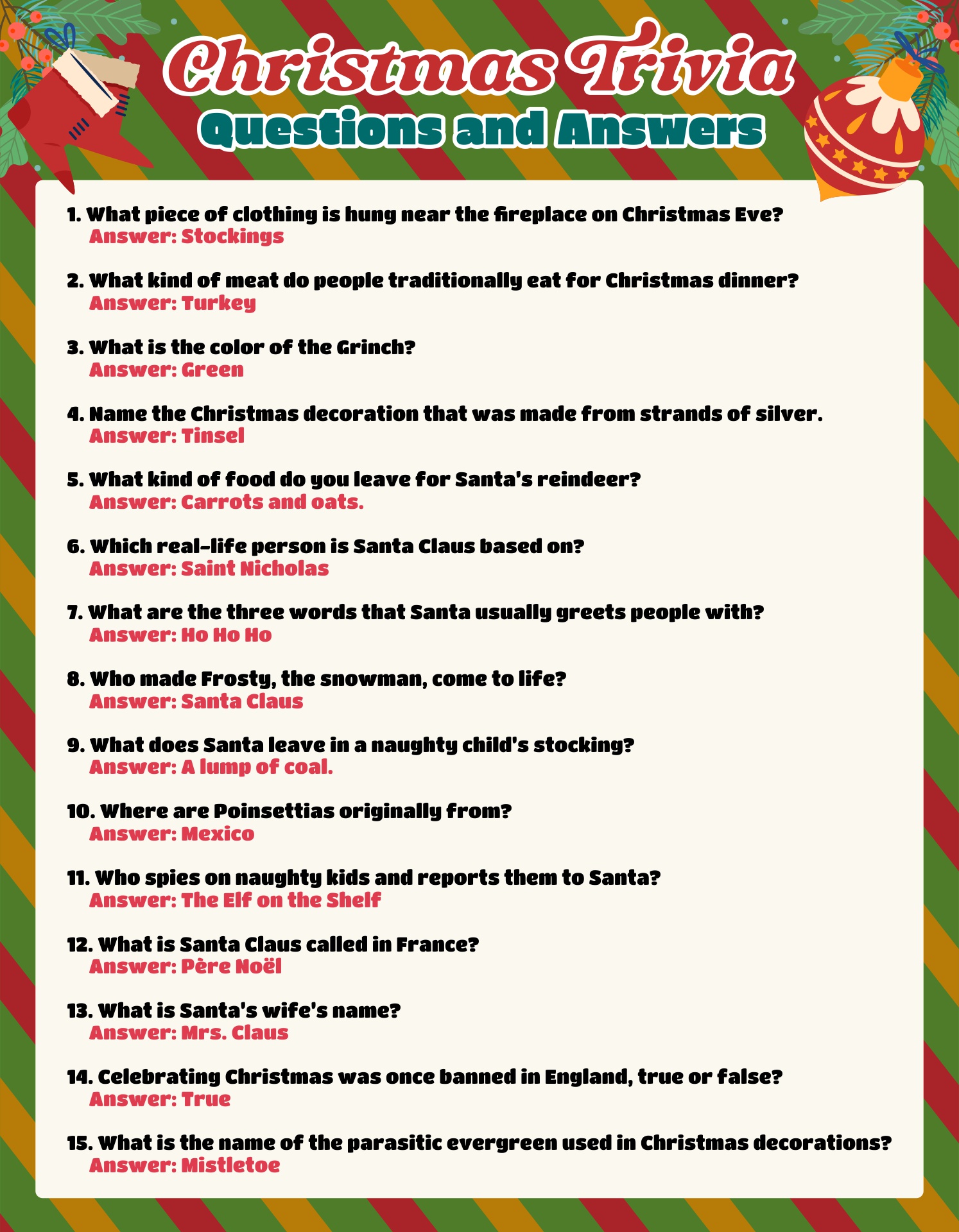 Printable Christmas Quiz Trivia Game Questions