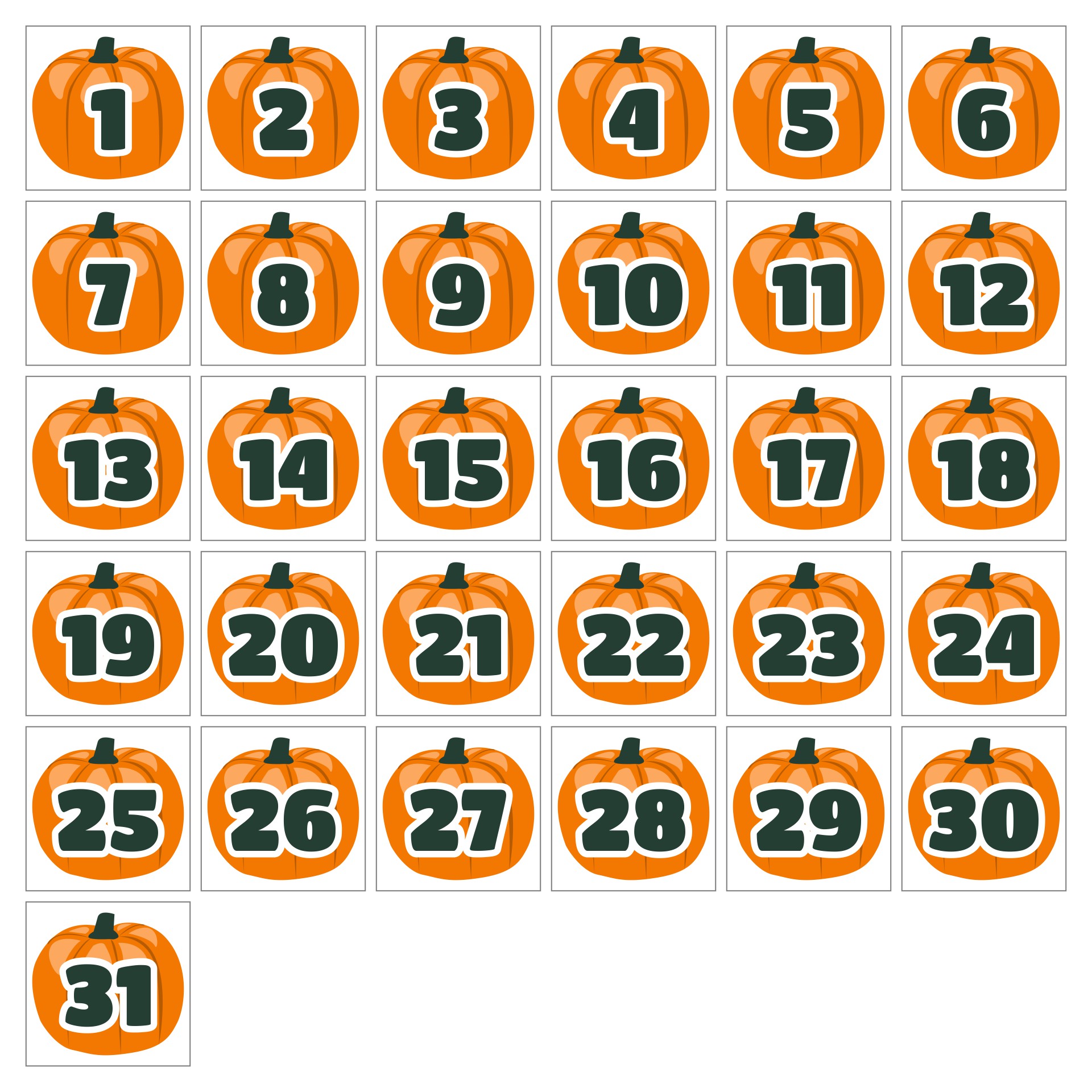 Pumpkin Calendar Numbers Printable
