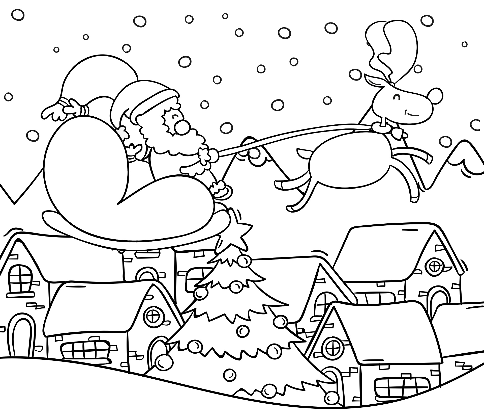 Santa Claus In Sleigh Pulled By Reindeer Coloring Page Printable
