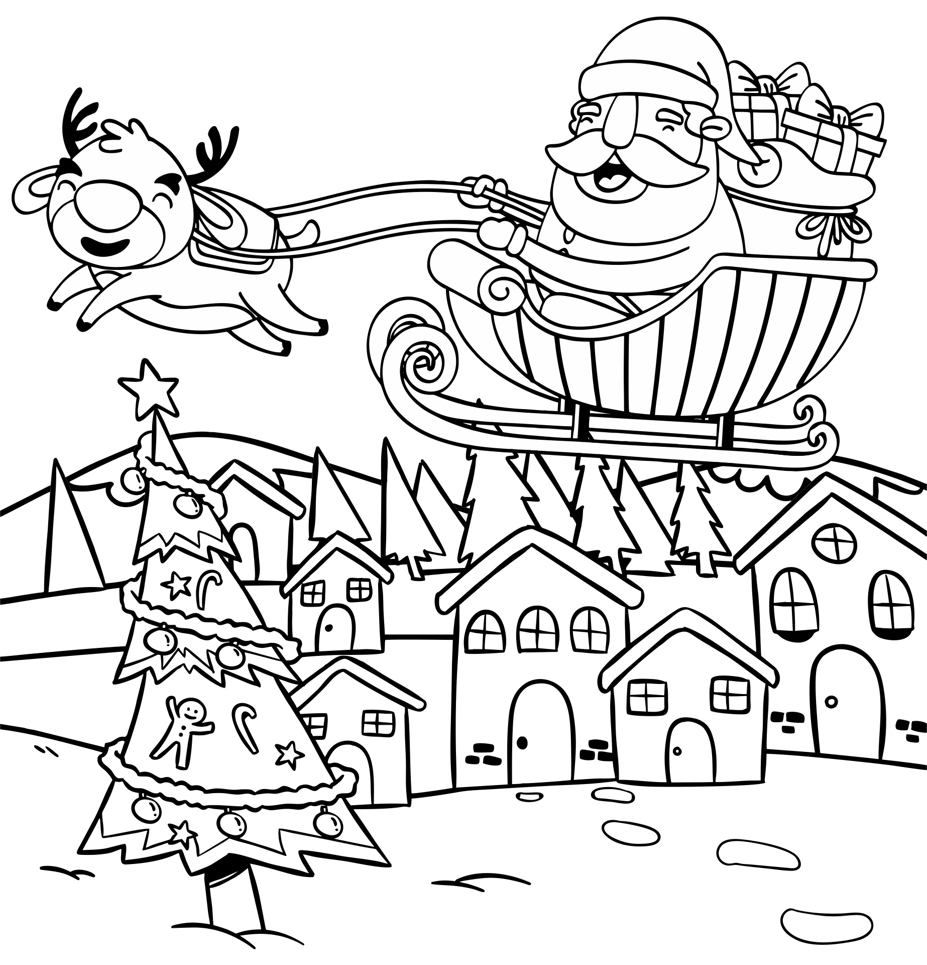 Santa Flying In Sleigh Coloring Page Printable