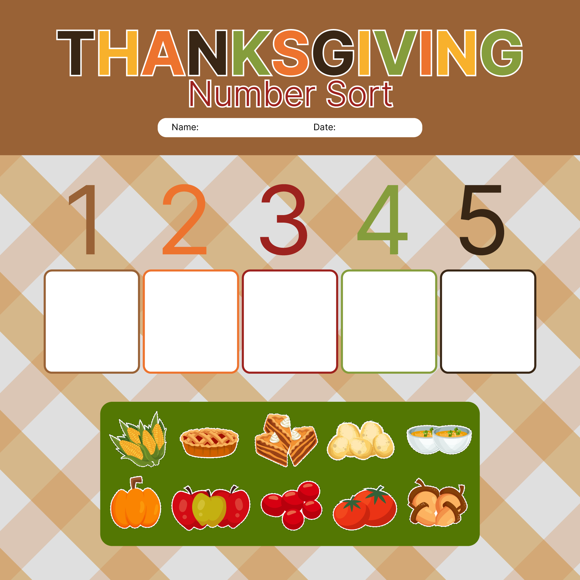 Thanksgiving Dinner Preschool Number Sorting Printable