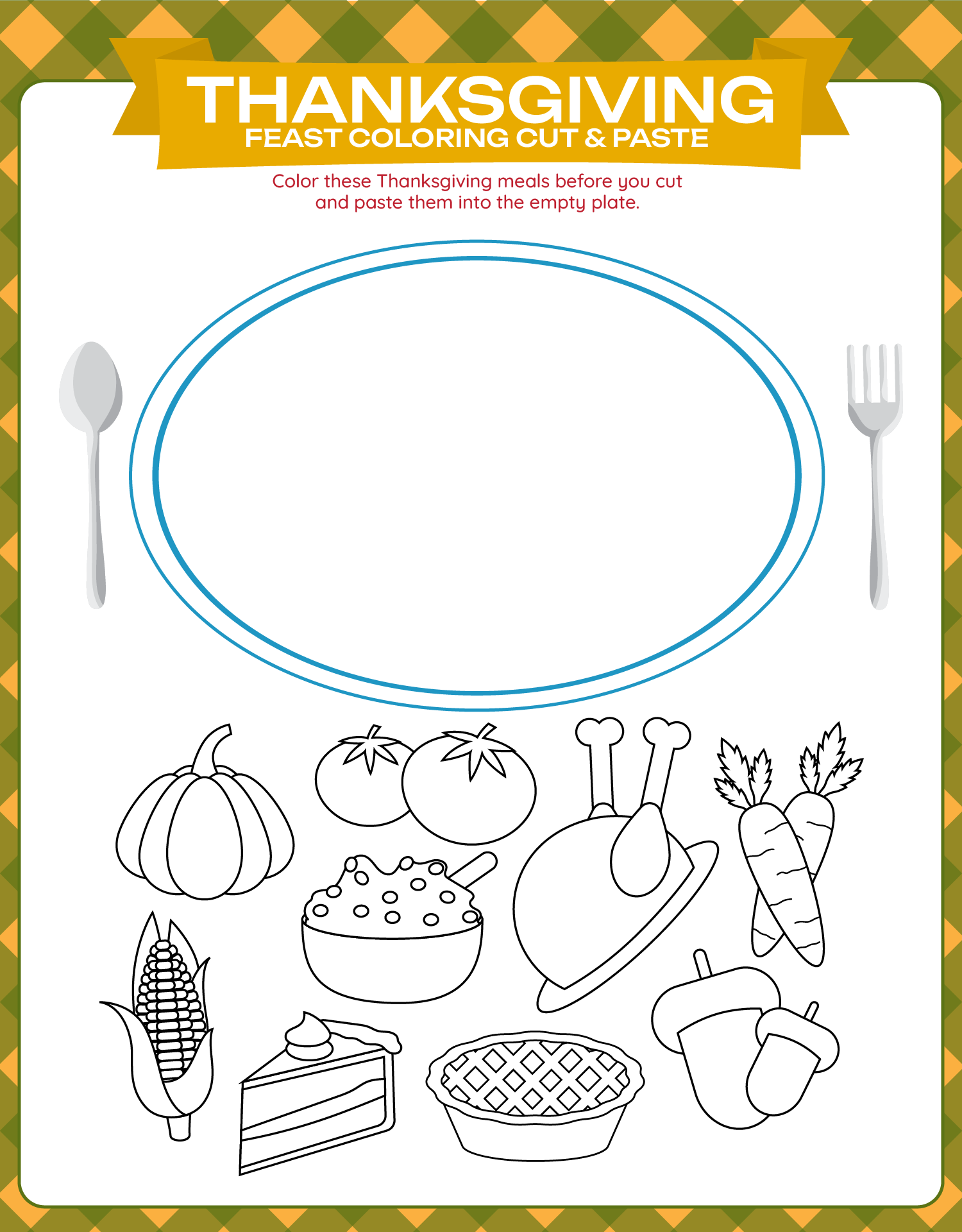 Thanksgiving Feast Coloring Cut N Paste Activity Printable