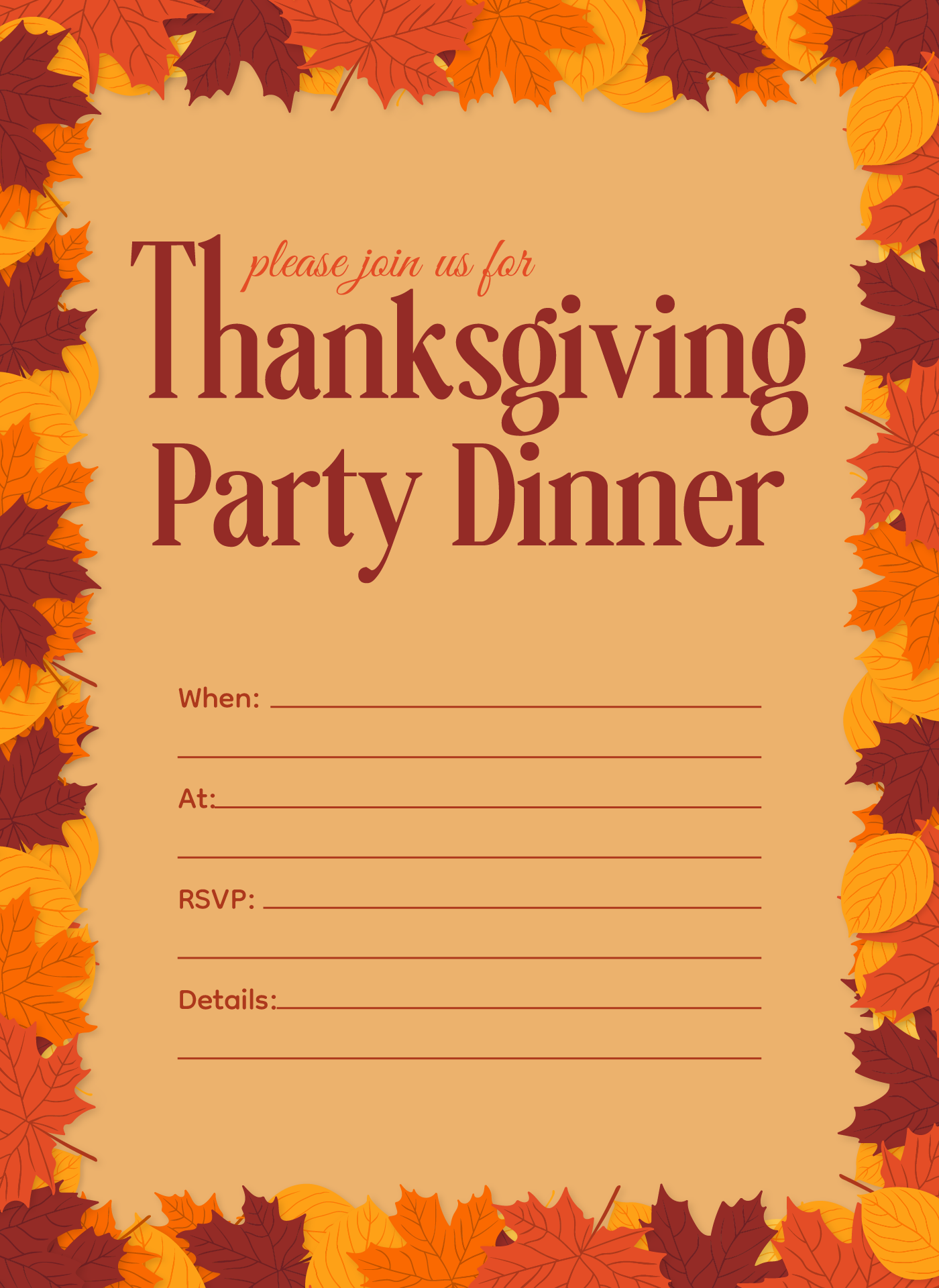 Thanksgiving Party Dinner Printable Invitation