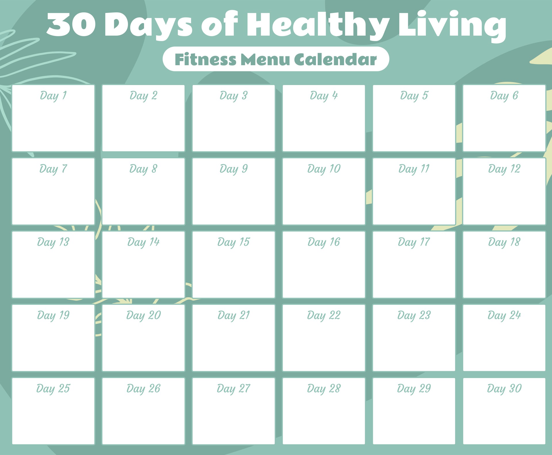 30 Days Of Healthy Living Fitness Menu Calendar Printable