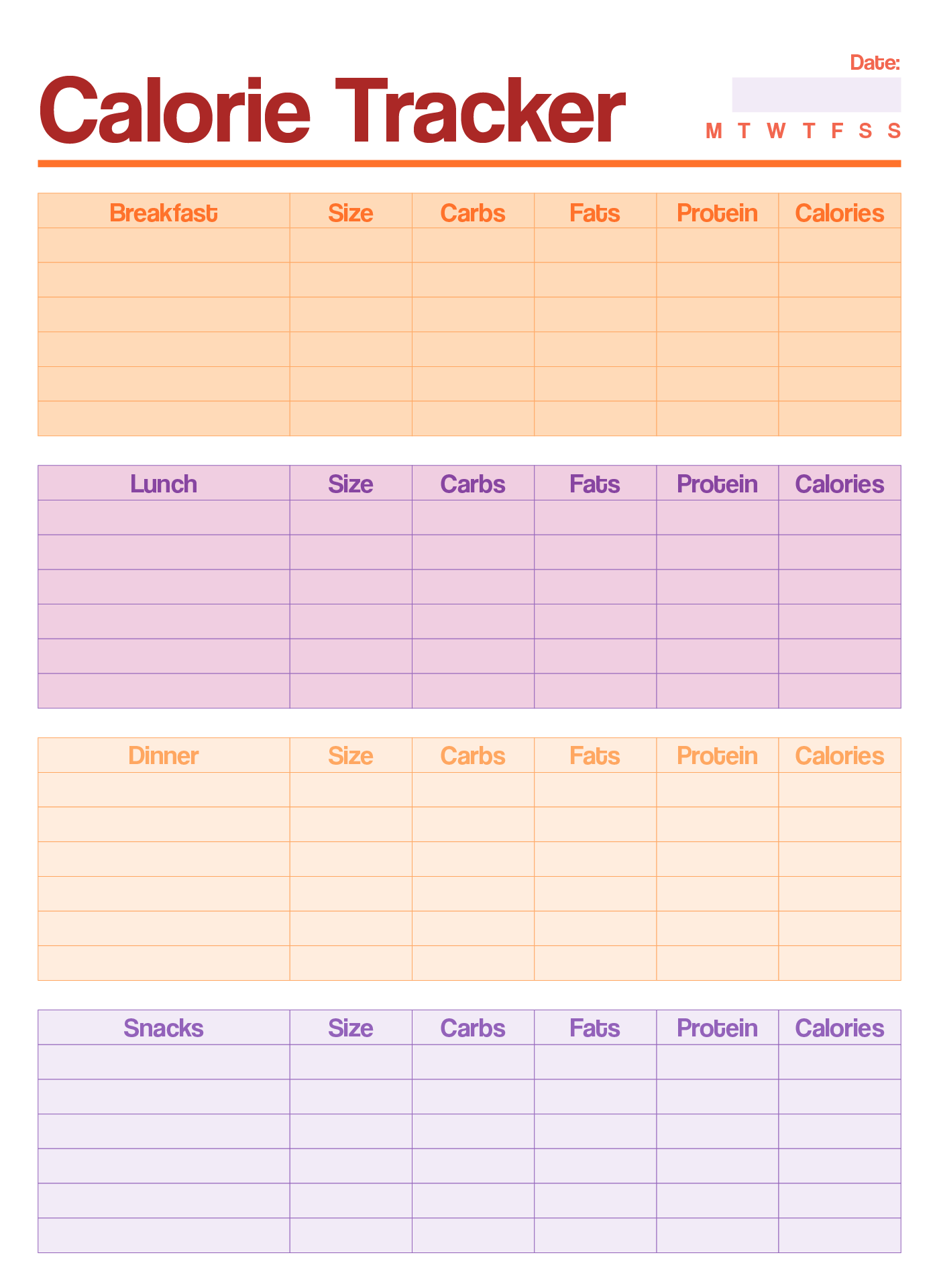 Calorie Tracker Printable Meal Planner
