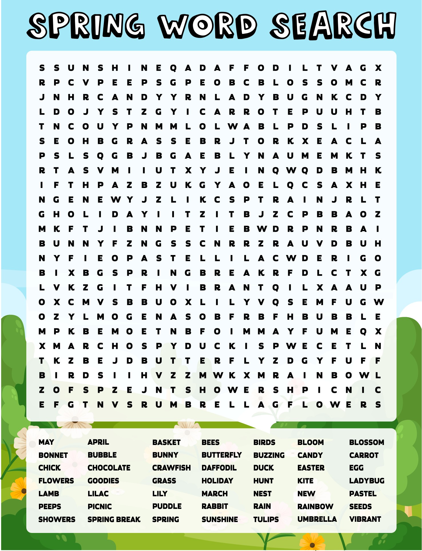 Difficult Spring Word Search Puzzle For Kids Printable Activity