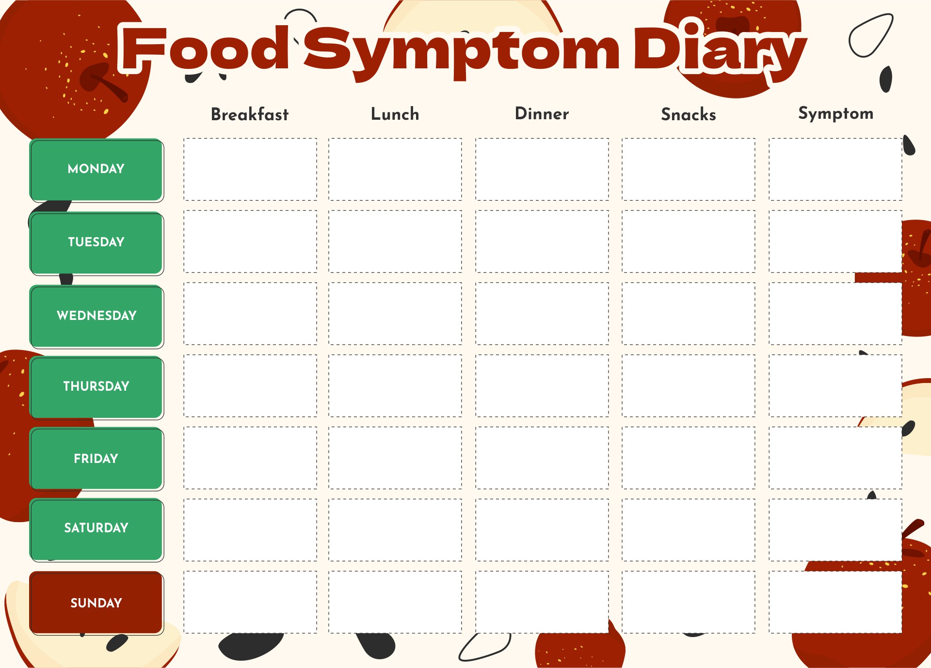 Food Symptom Diary Template Printable