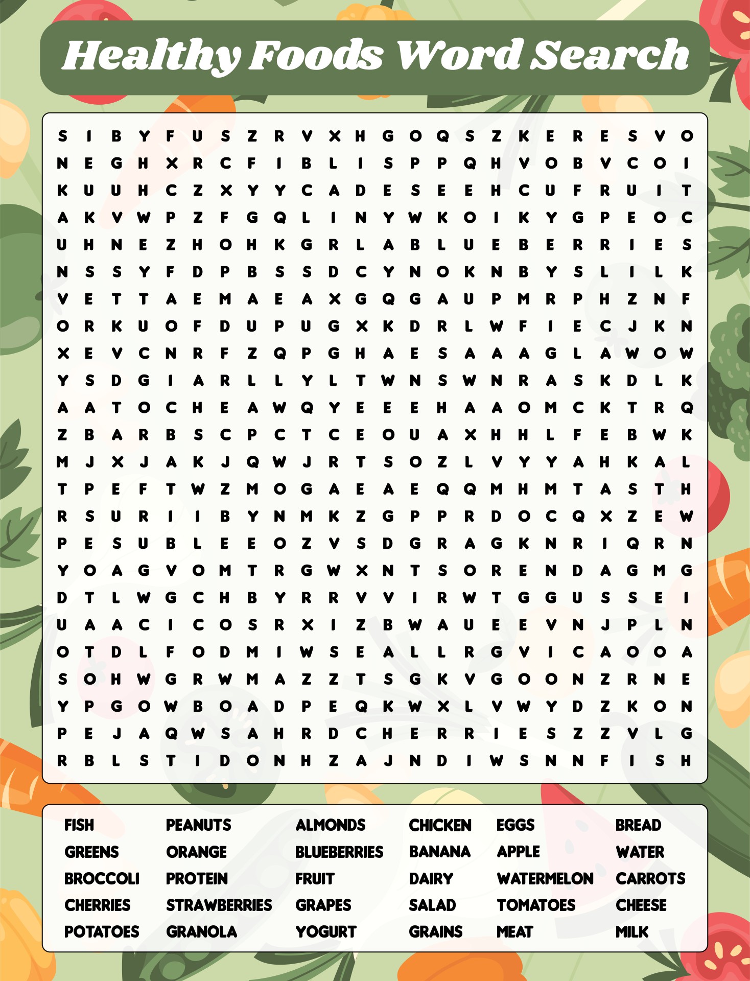 Healthy Foods Word Search Puzzle Hard Printable