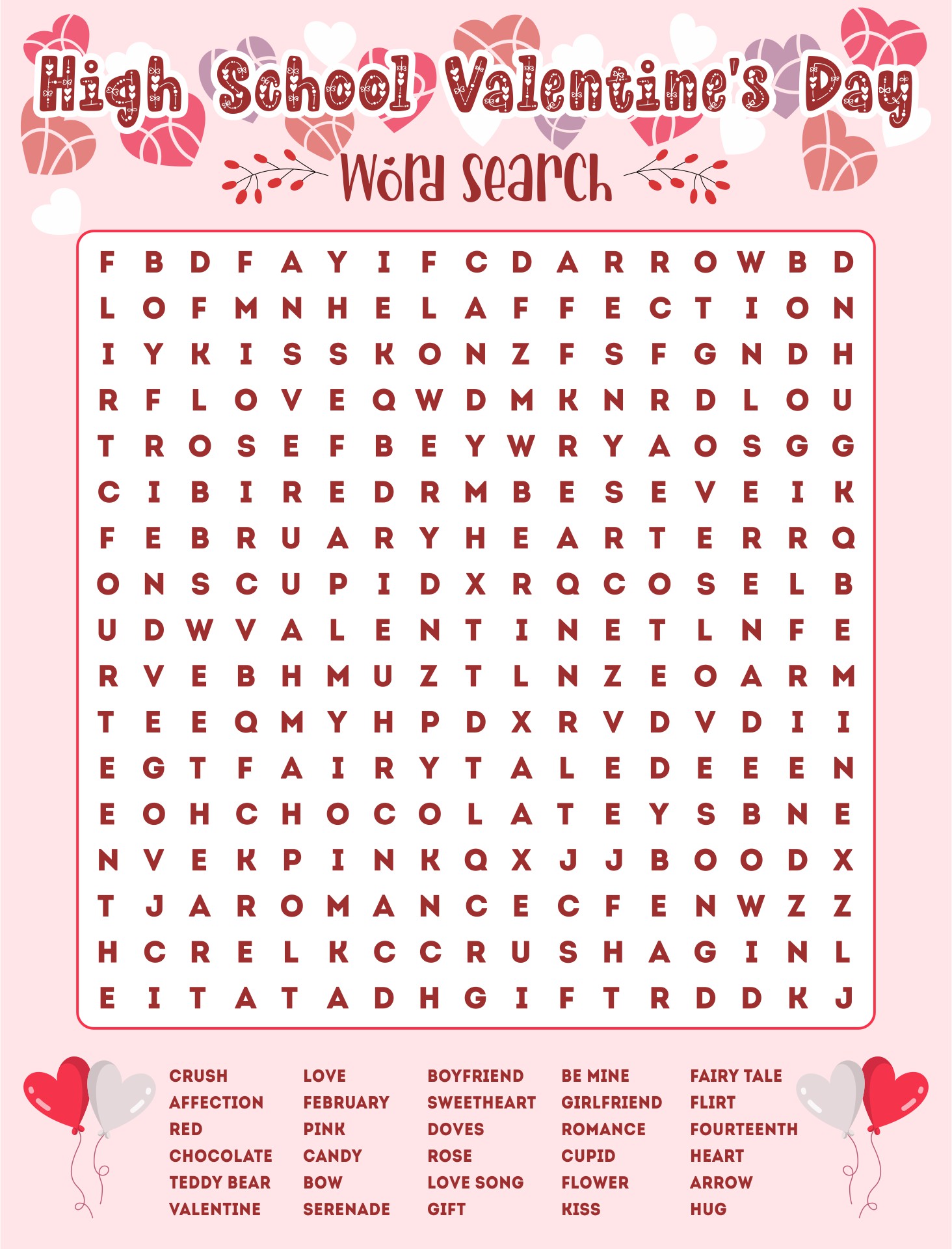 High School Valentines Day Word Search Printable