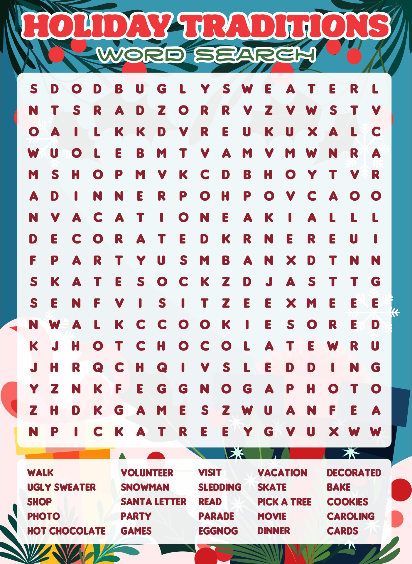 Holiday Traditions Word Search Puzzle Printable
