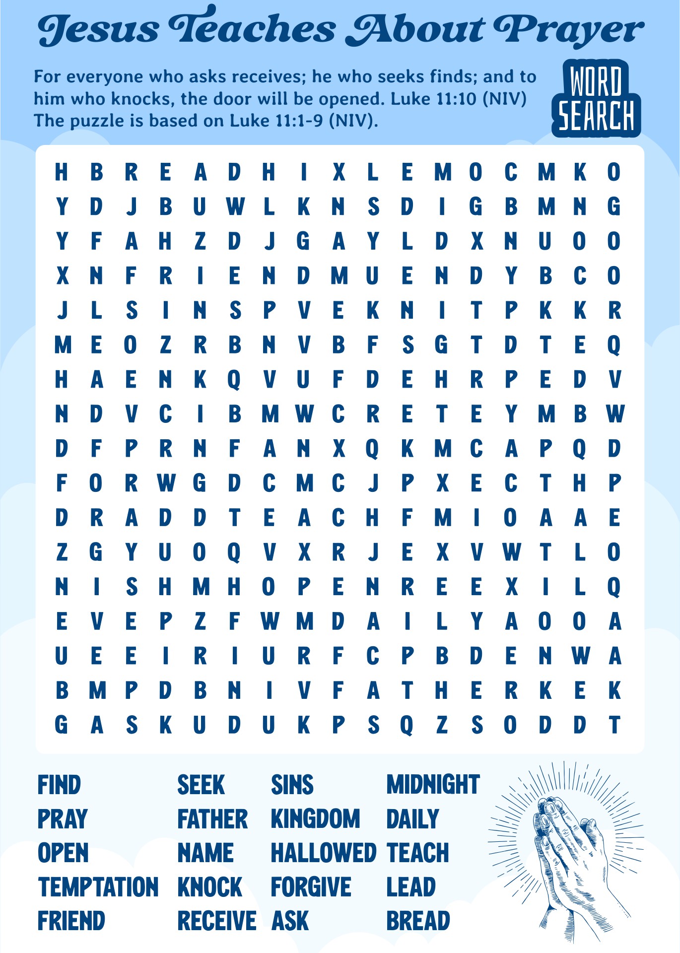 Jesus Teaches About Prayer Printable Word Search