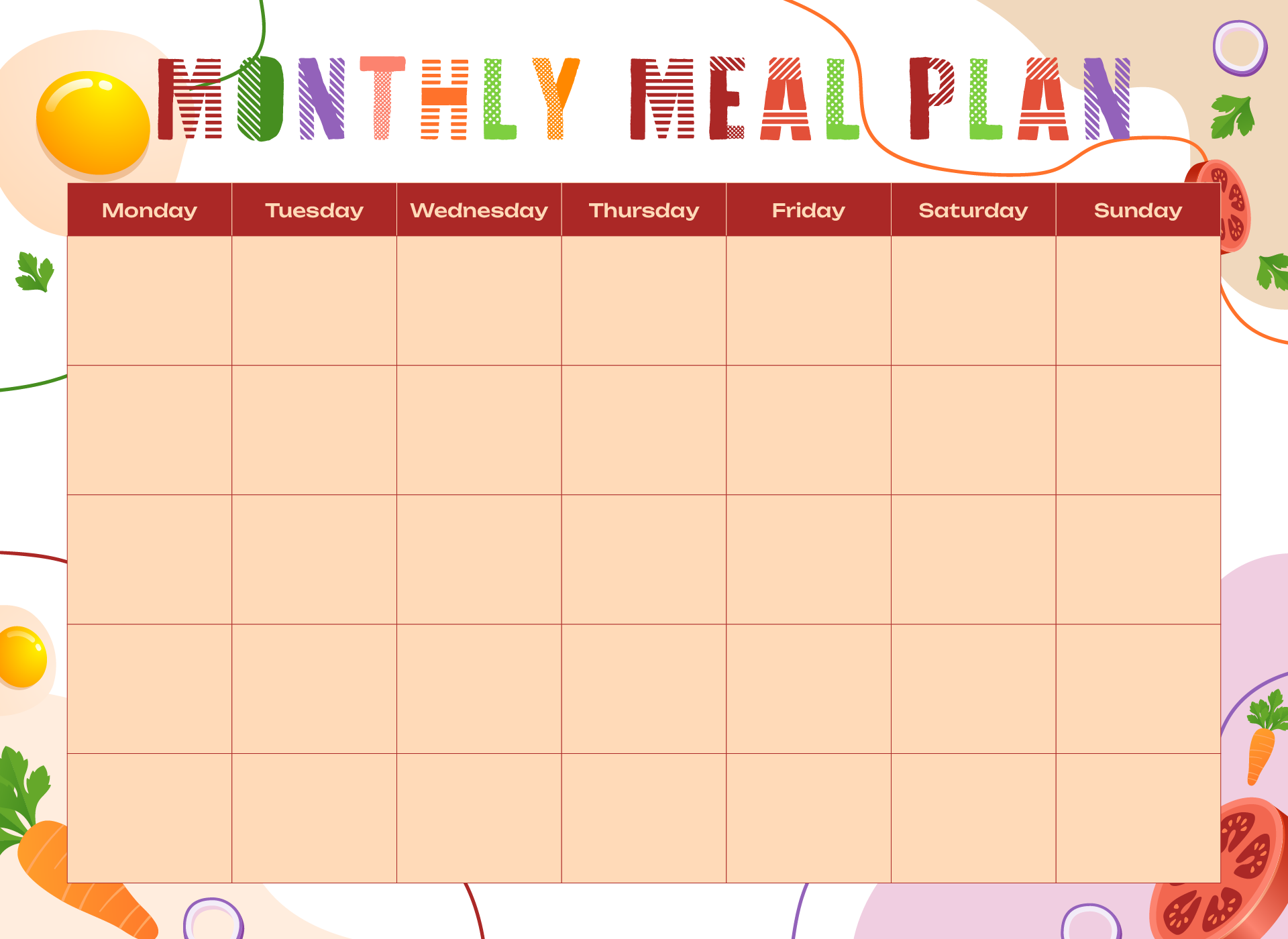 Printable Blank Monthly Calendar Menu Template