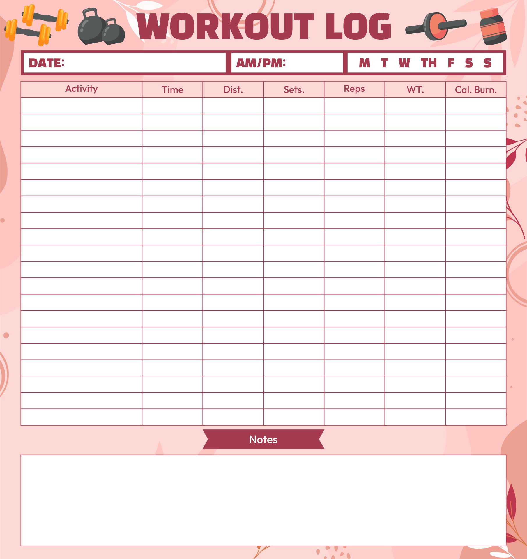Printable Workout Planner Exercise Log