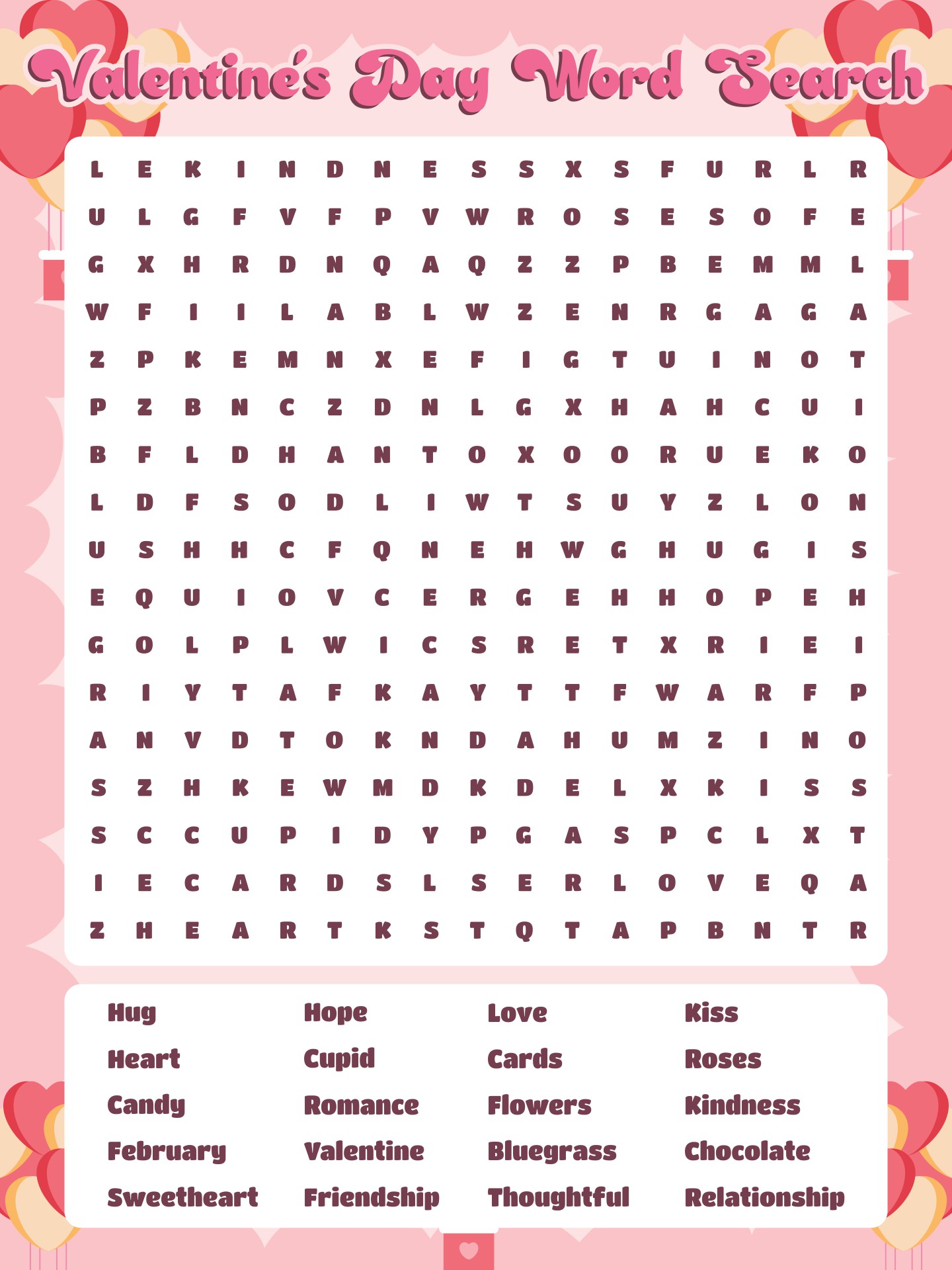 Valentines Day Holiday Word Search Printable