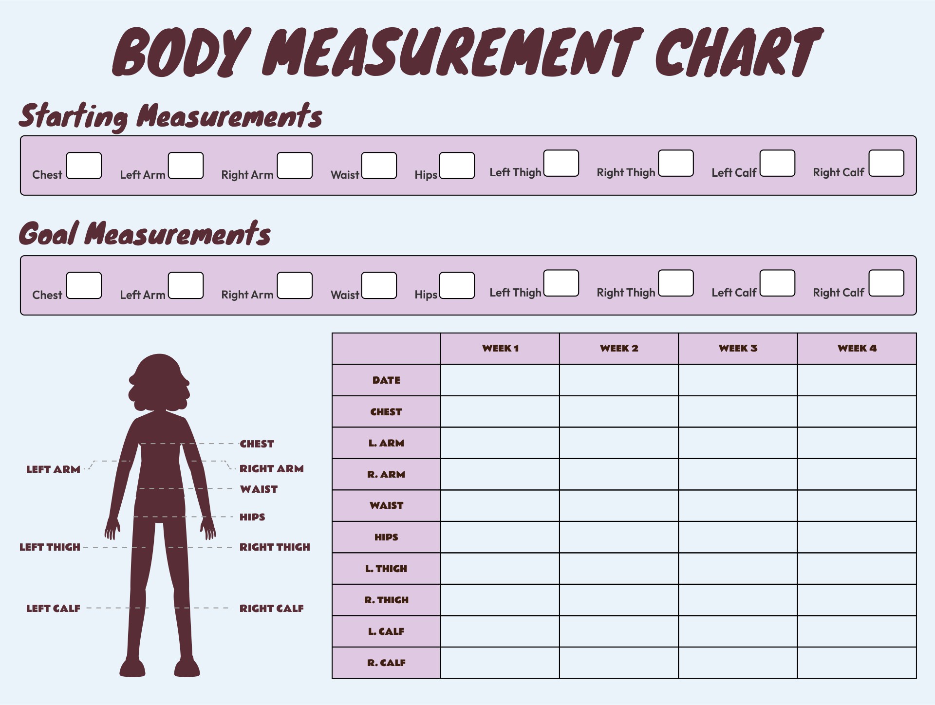 Woman Body Measurements For Weight Loss Printable Tracker