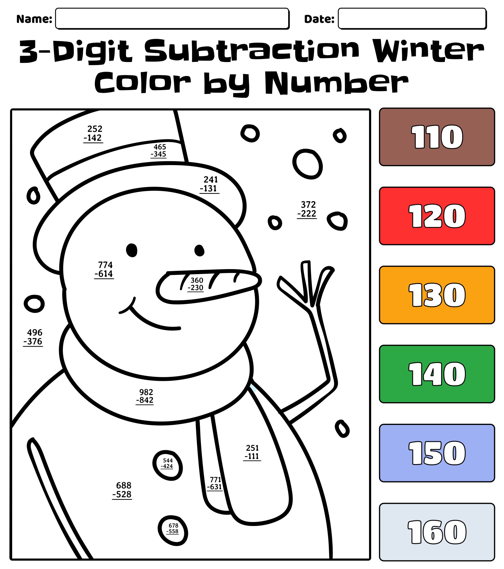 3-Digit Subtraction Winter Color By Number Printable