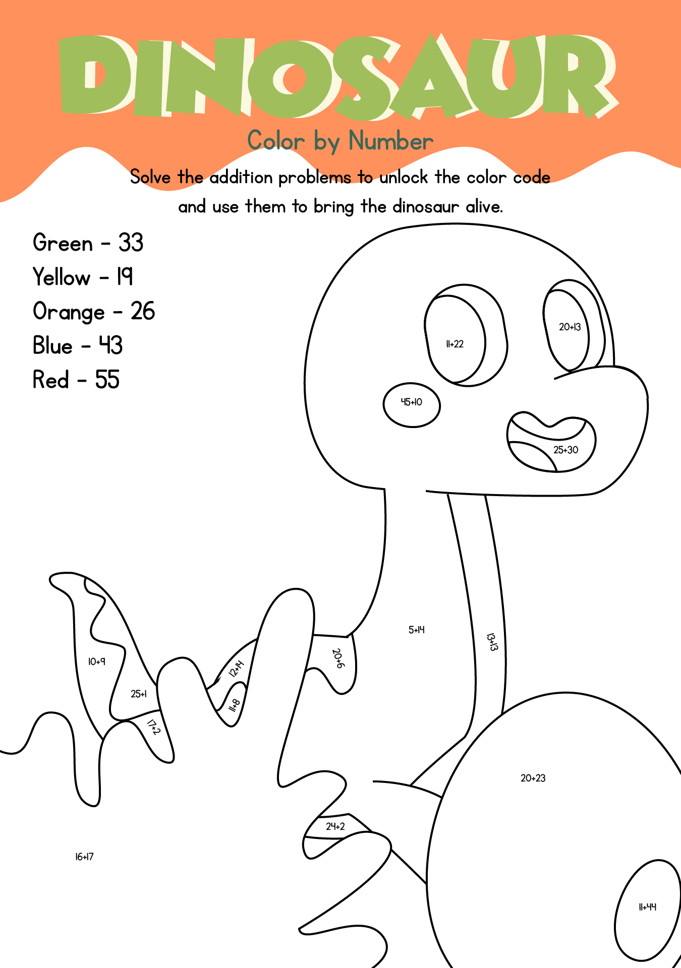 Printable Math Coloring By Number Dinosaur