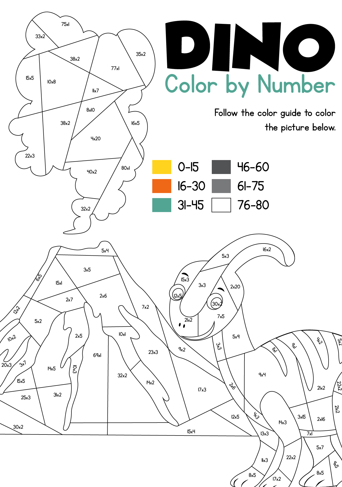 Multiplication Color By Number Dinosaur Printable