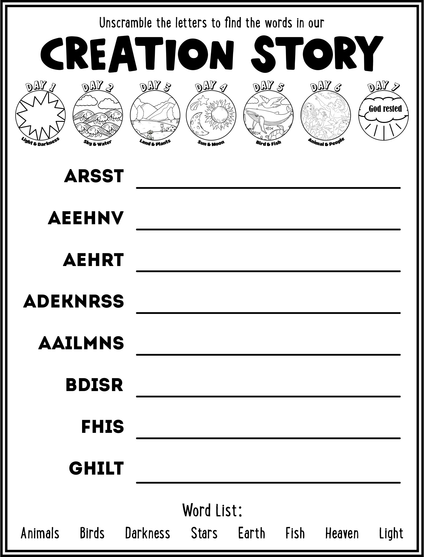 Creation Story For Kids Printable Worksheets