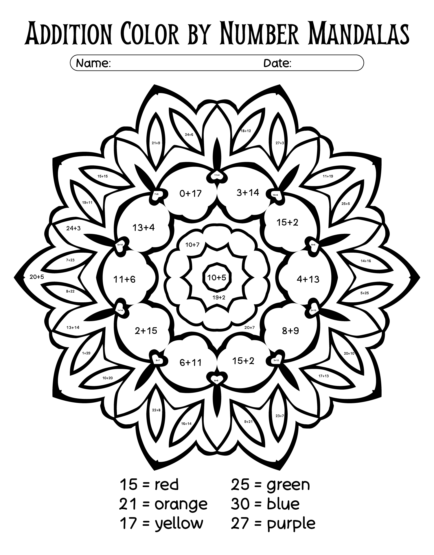 Printable Addition Color By Number Mandalas
