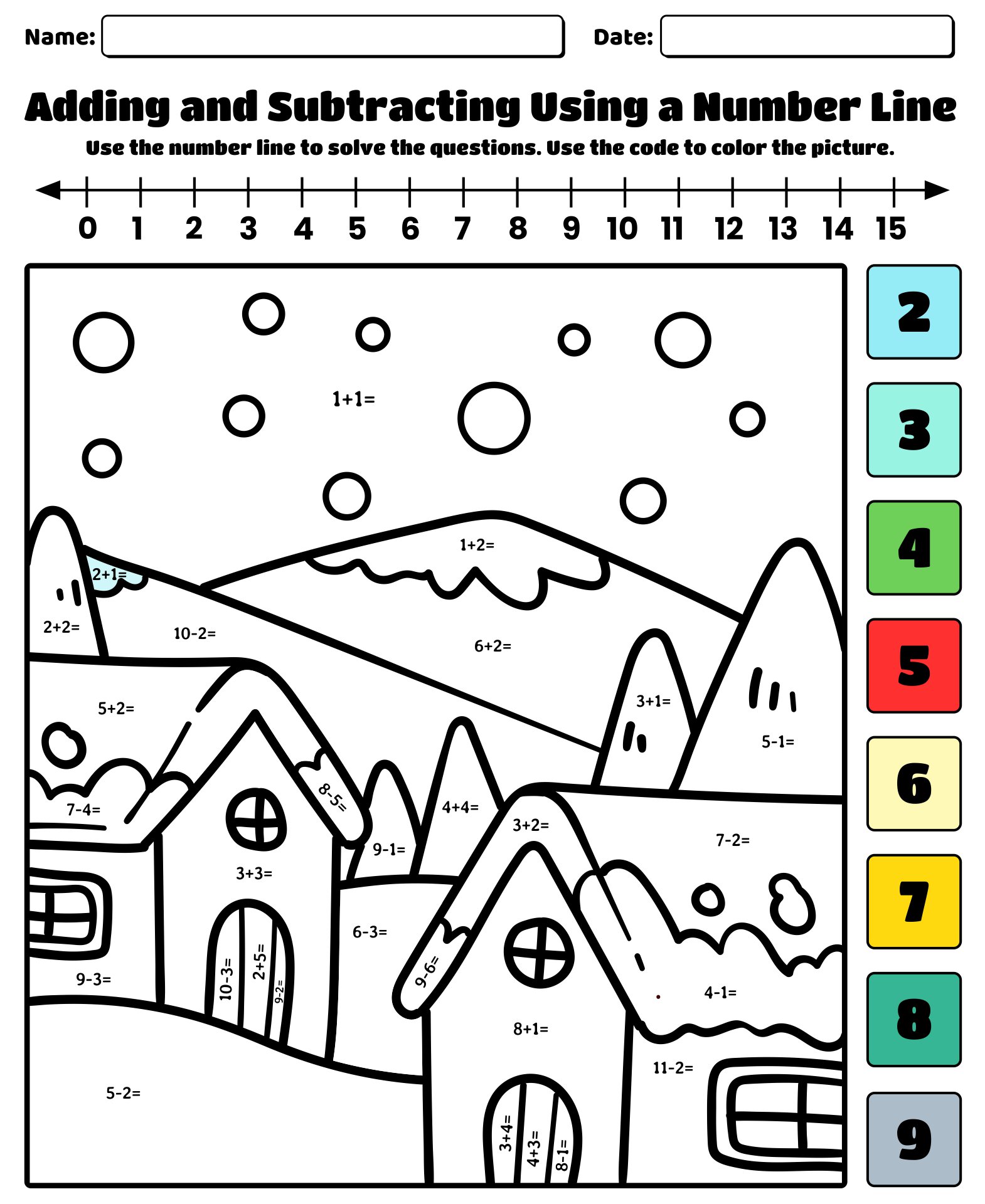 Printable Winter Color By Number Adding And Subtracting Using A Number Line